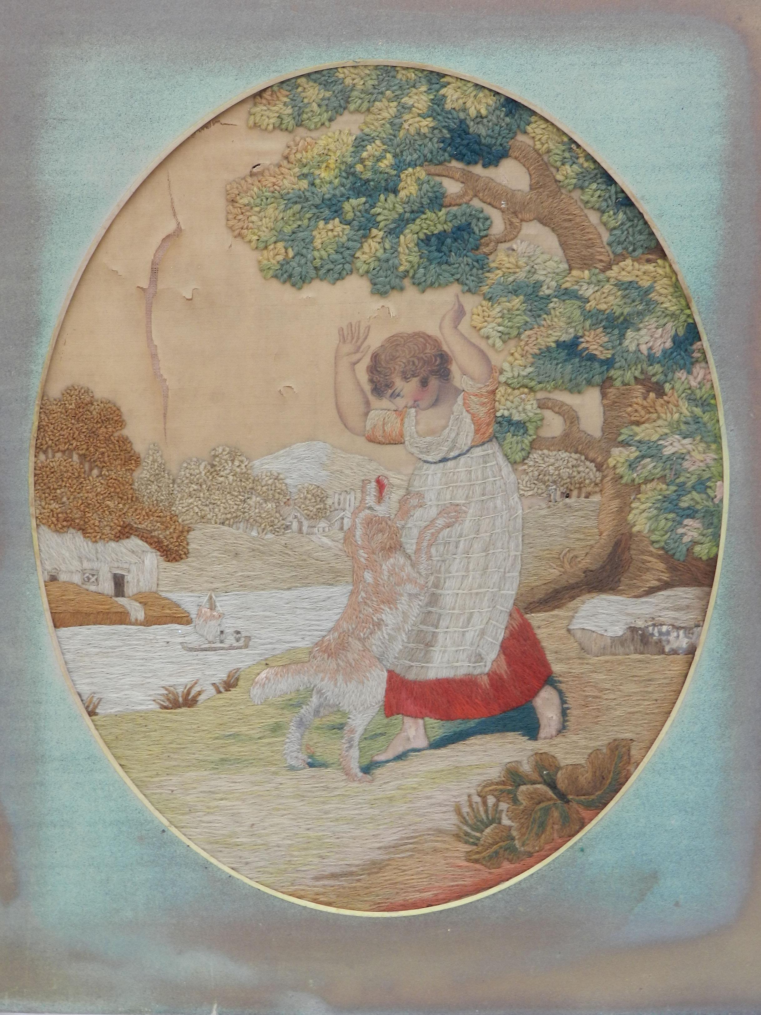 19th Century Tapestry Child with Dog Petit Point Wall Decoration FREE SHIPPING 4