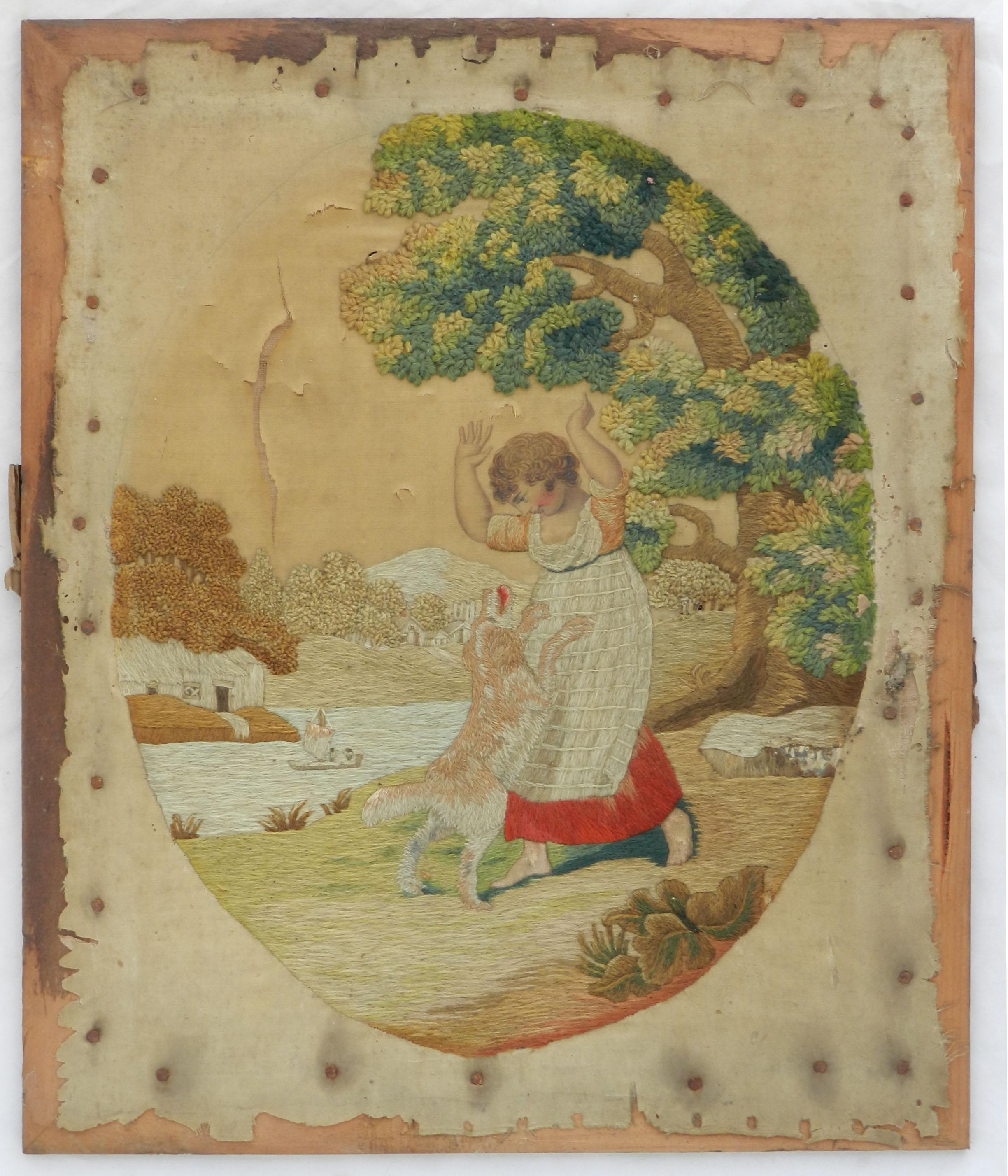 19. Jahrhundert Wandteppich Kind mit Hund Petit Point Wanddekor, kostenloser Versand 6