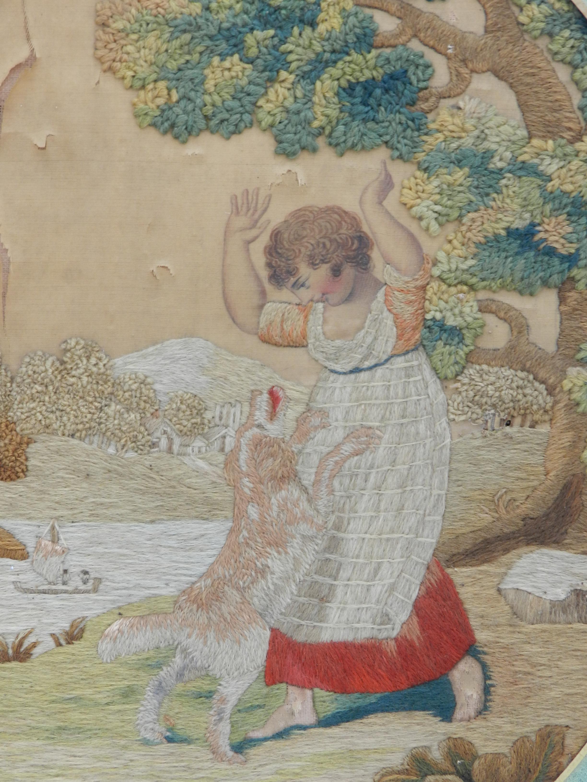 19th century dog and child tapestry French hand stitched needlepoint 
Lightly distressed with marks to background
It still has loads of charm 
Decorative embroidered woolwork petit point 
Unframed
Good antique condition for its age with minor signs