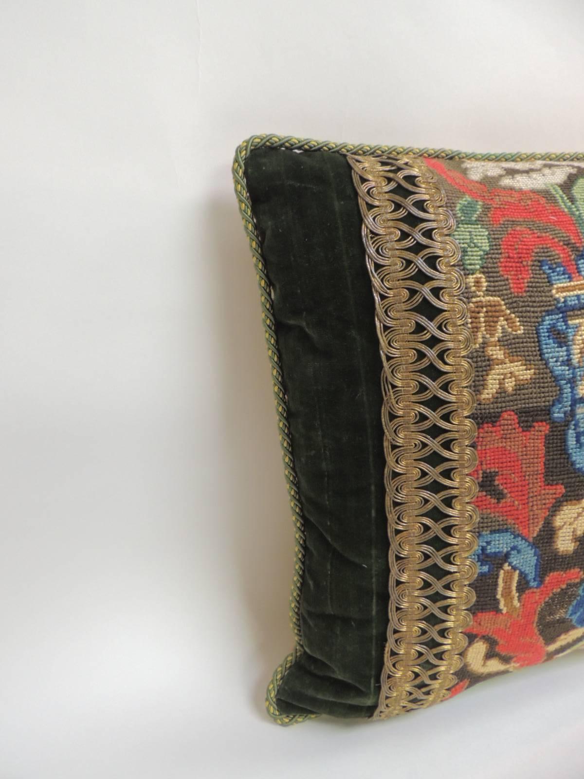 Hand-Crafted  Antique Blue and Red Tapestry Decorative Pillow with Gold Metallic Trims For Sale