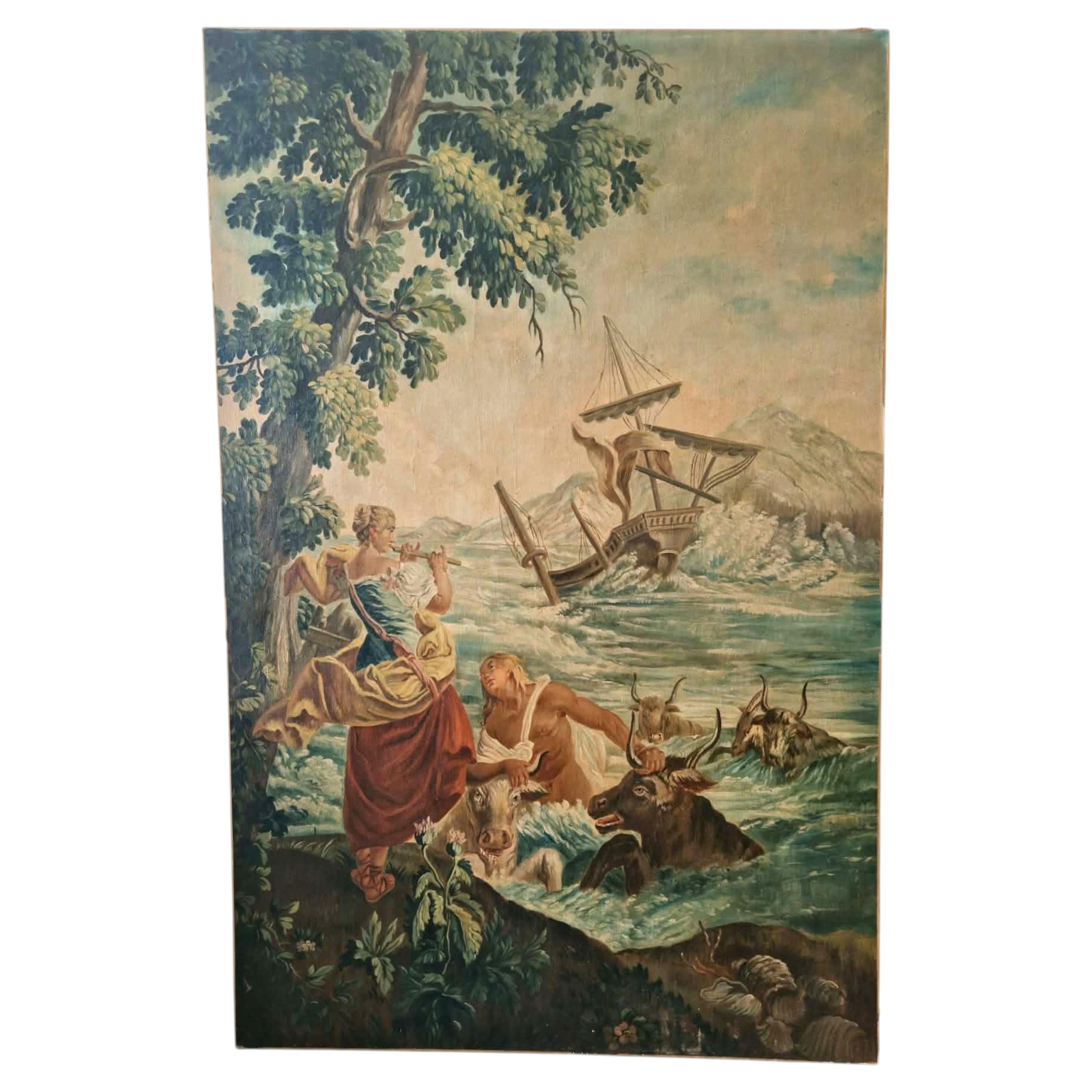 Peinture murale à l'huile du 19ème siècle, inspirée d'une tapisserie, art du château français en vente