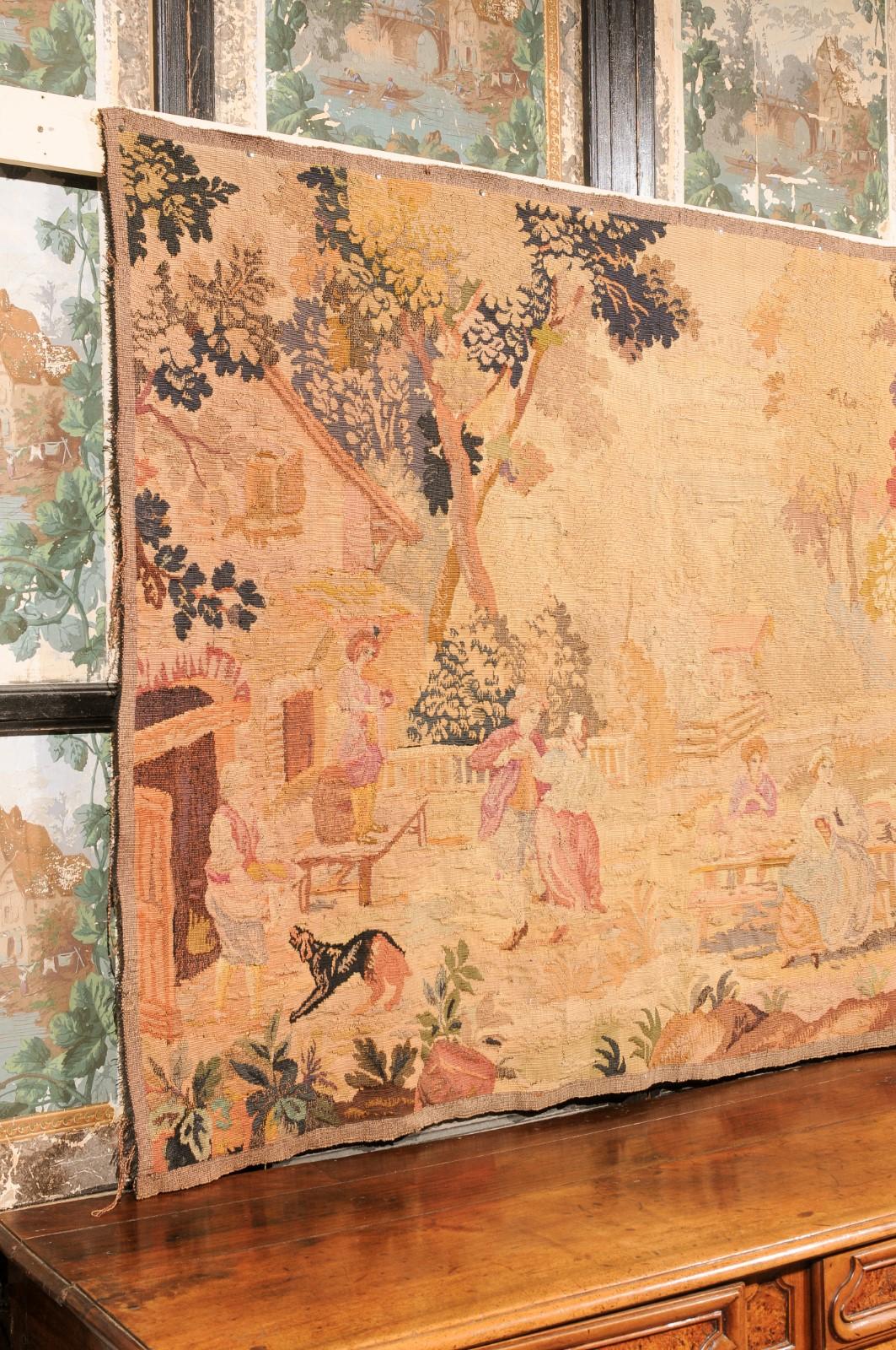 Wool 19th Century Tapestry of Countryside Scene with Figures