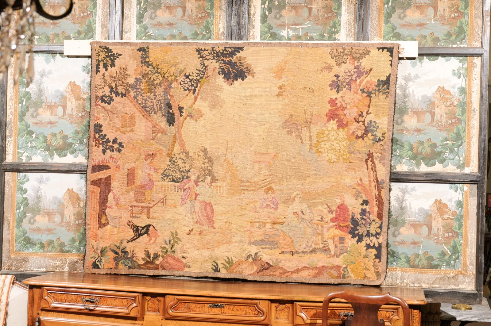 19th Century Tapestry of Countryside Scene with Figures 1