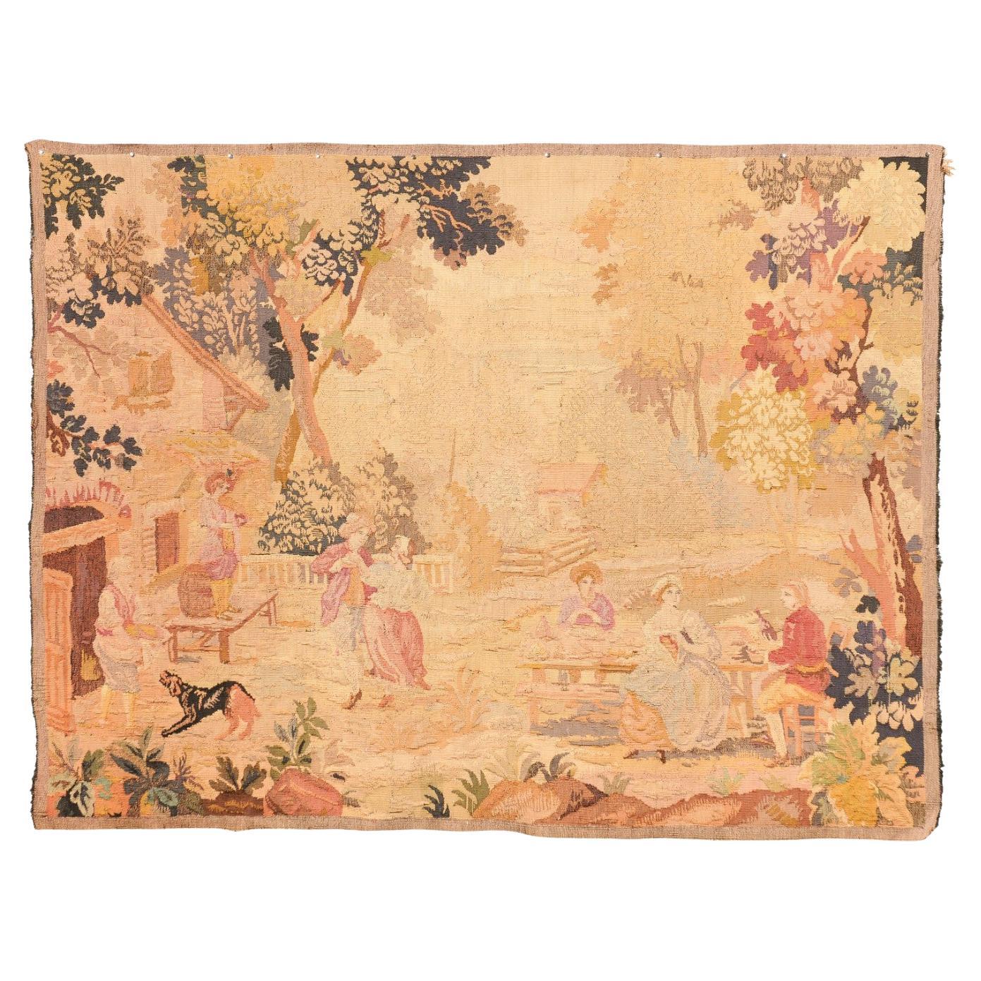 19th Century Tapestry of Countryside Scene with Figures