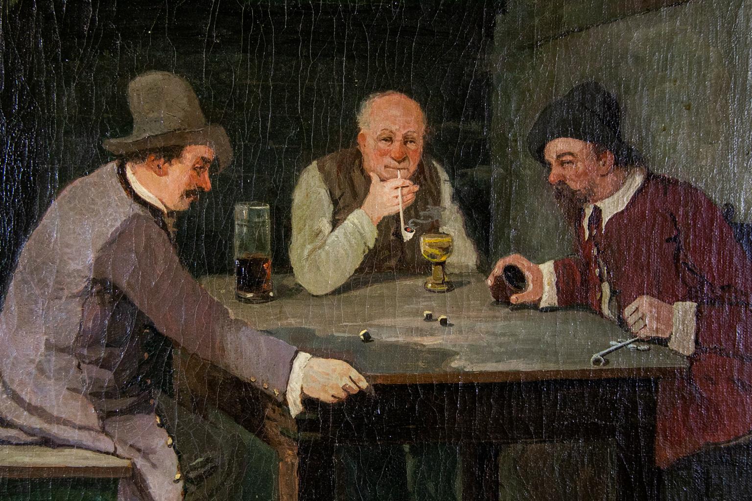 19th century tavern scene oil painting by L. Wittkowski, Berlin, the men playing dice, drinking ale, and smoking clay pipes.