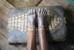 19th Century, Taxidermy Crocodile Skin and Velvet Footstool Ottoman
