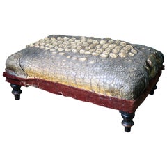 Antique 19th Century, Taxidermy Crocodile Skin and Velvet Footstool Ottoman