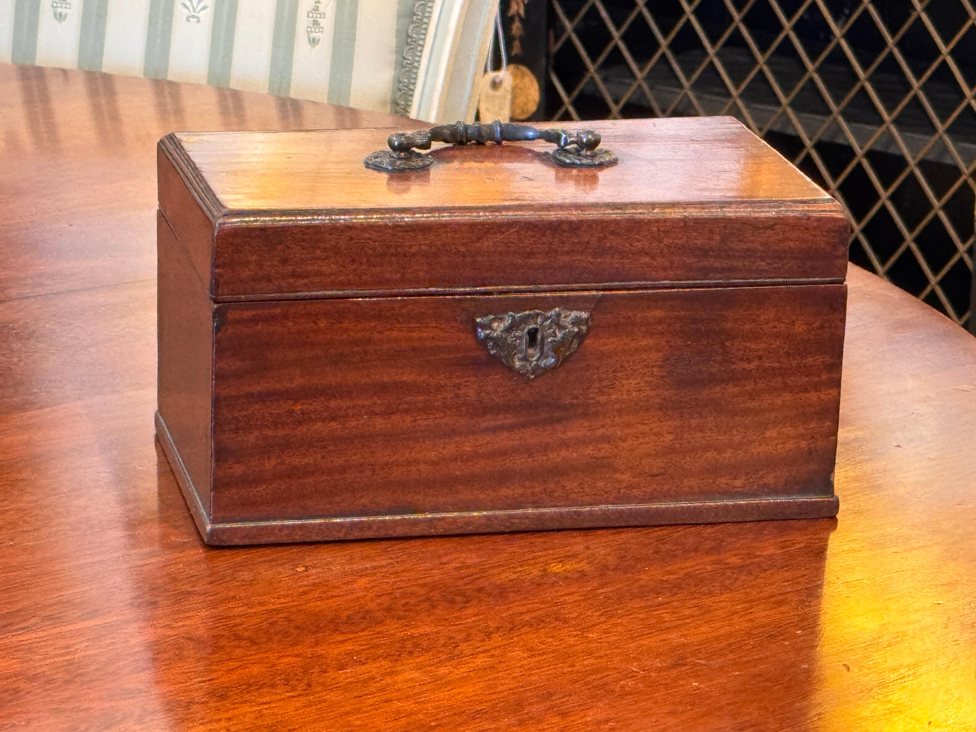 Porta tè in legno del XIX secolo con interno a due scomparti e coperchi in legno montati. L'esterno è una semplice forma rettangolare con una maniglia in metallo sulla parte superiore e un'elegante mostrina in metallo invecchiato sulla parte