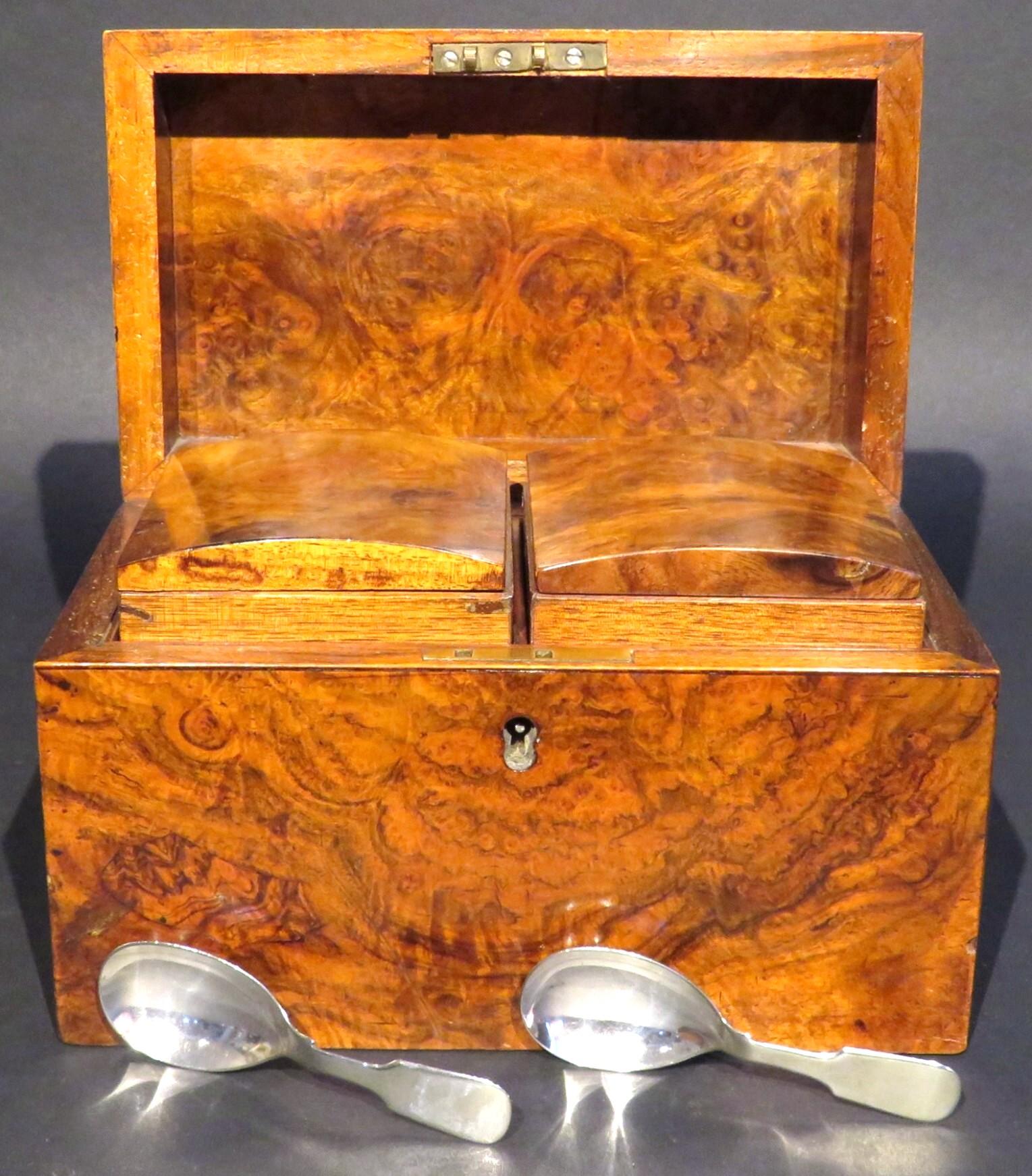 Hand-Crafted 19th Century Burl Walnut Tea Caddy & Matching Tea Caddy Spoons, U.K. Circa 1860 For Sale
