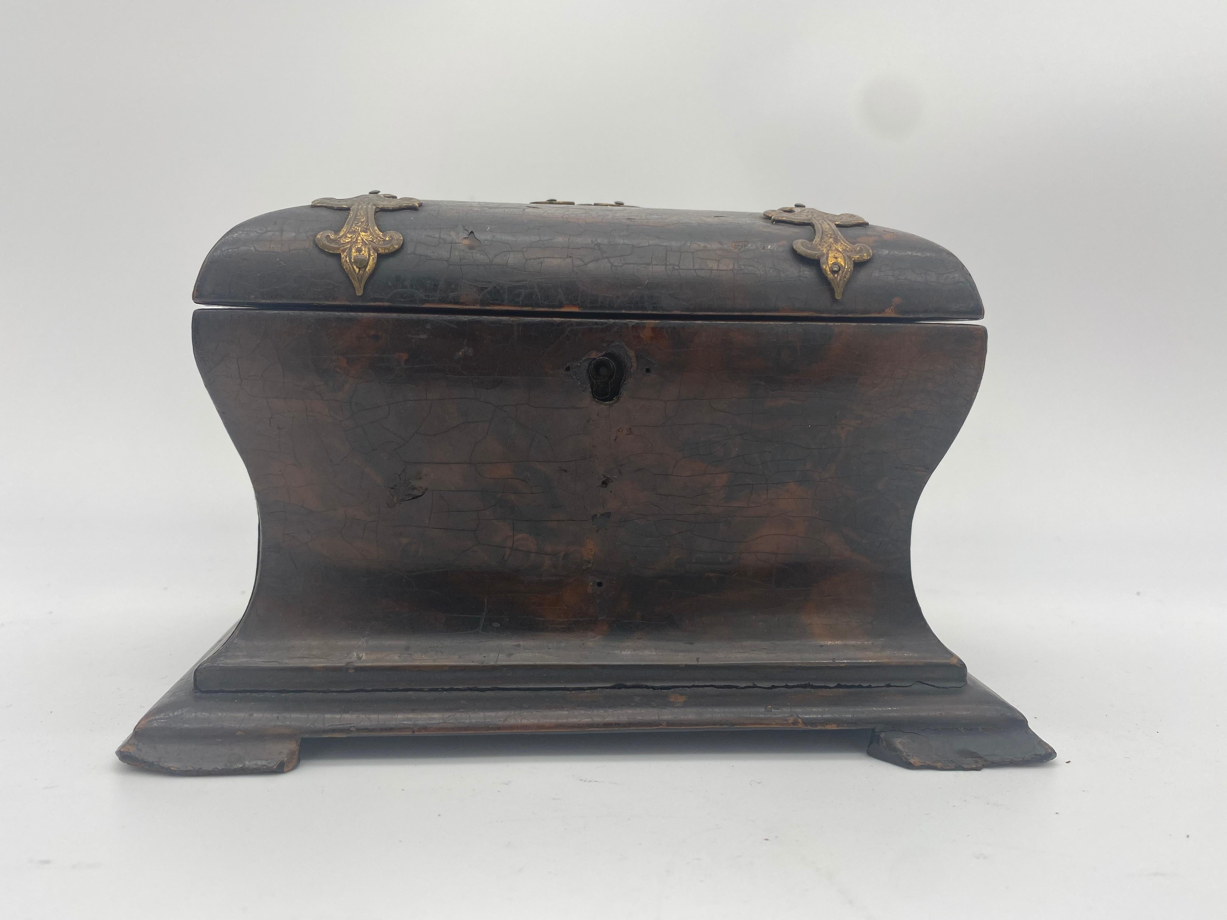 Lacquered 19th Century Tea Caddy with Brass Ornaments For Sale