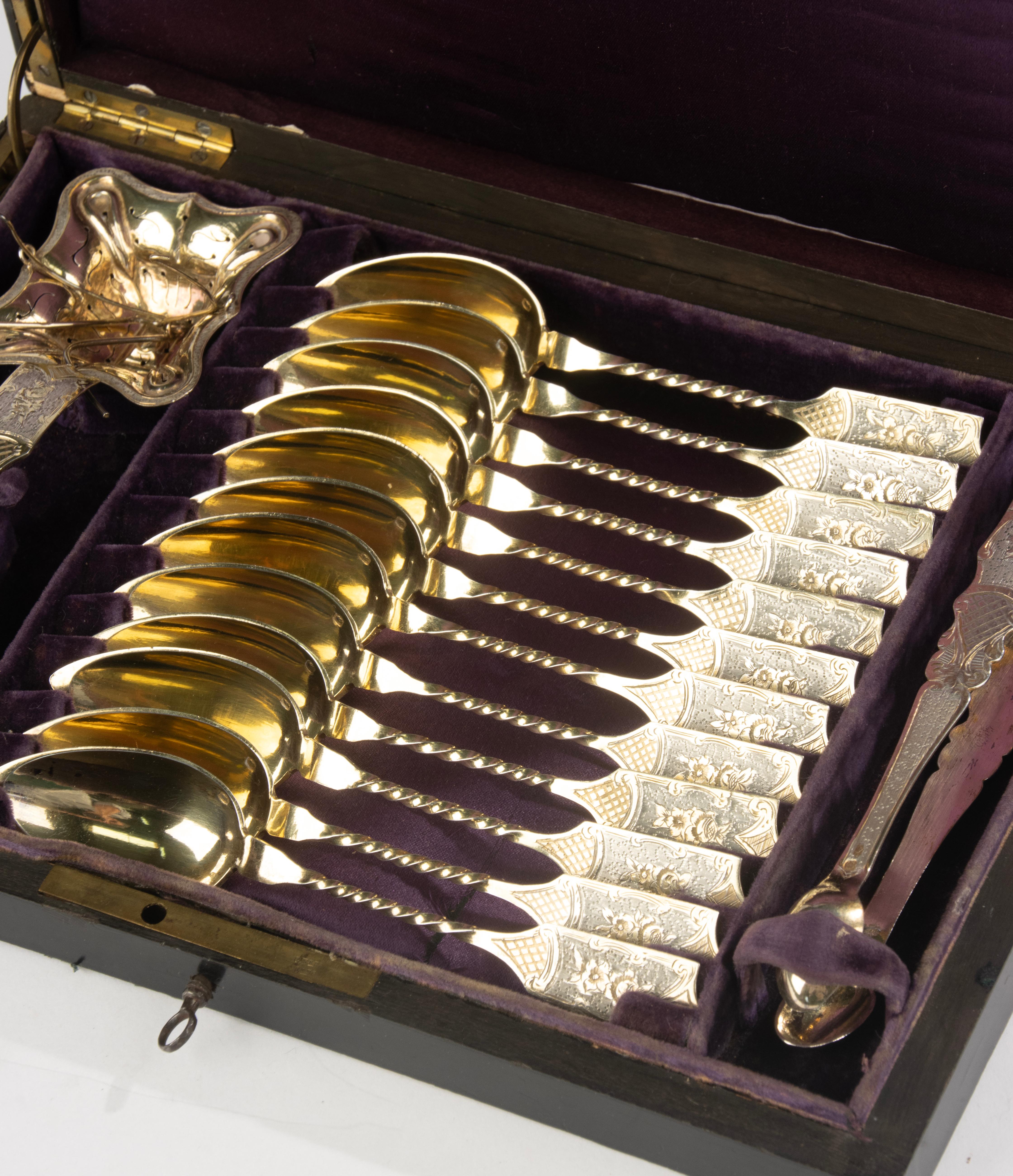 French 19th Century Tea Cutlery Set - Silver - Complete in Inlaid Box - Napoleon III For Sale