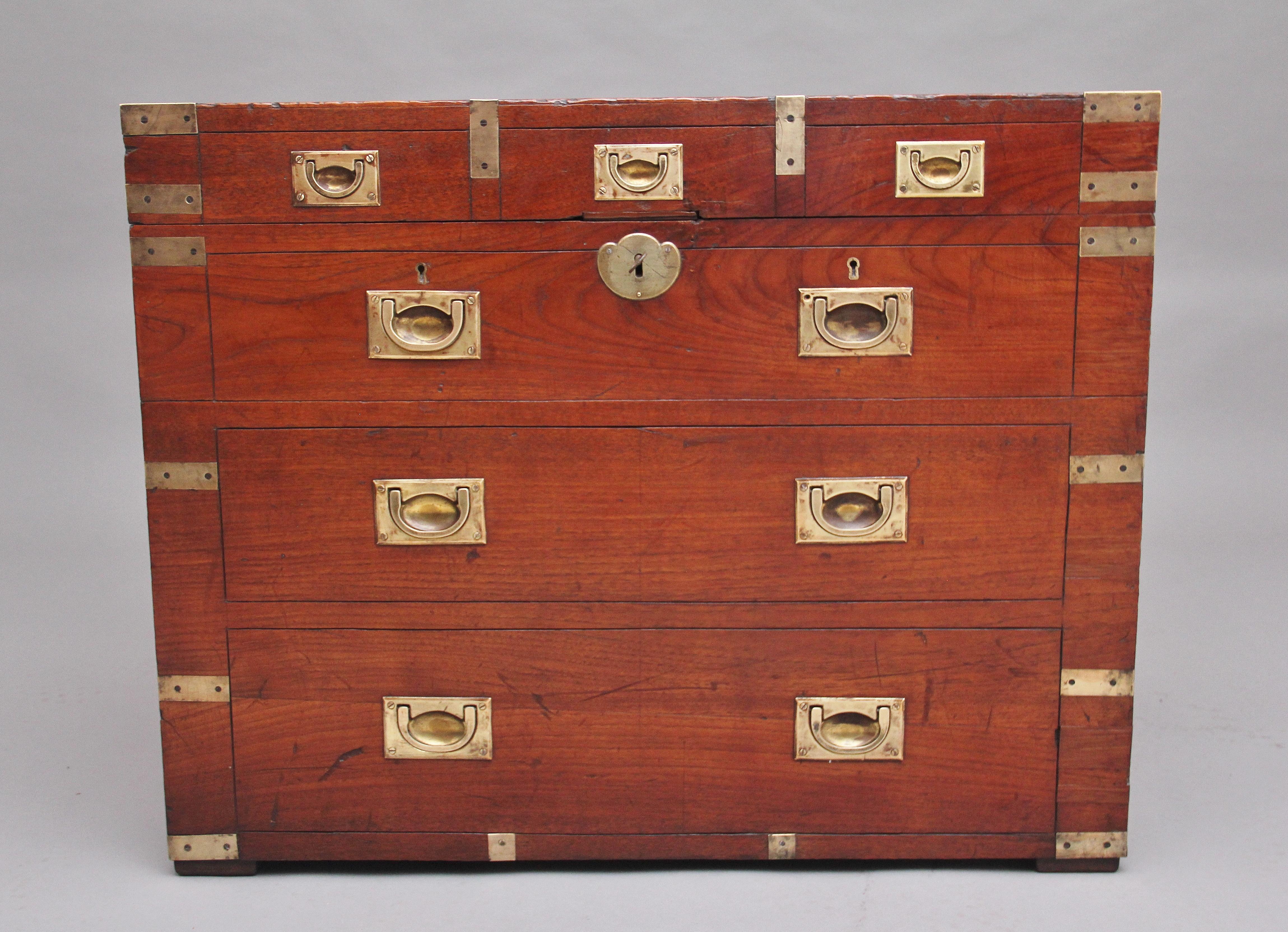 Early Victorian 19th Century Teak and Brass Bound Campaign Trunk