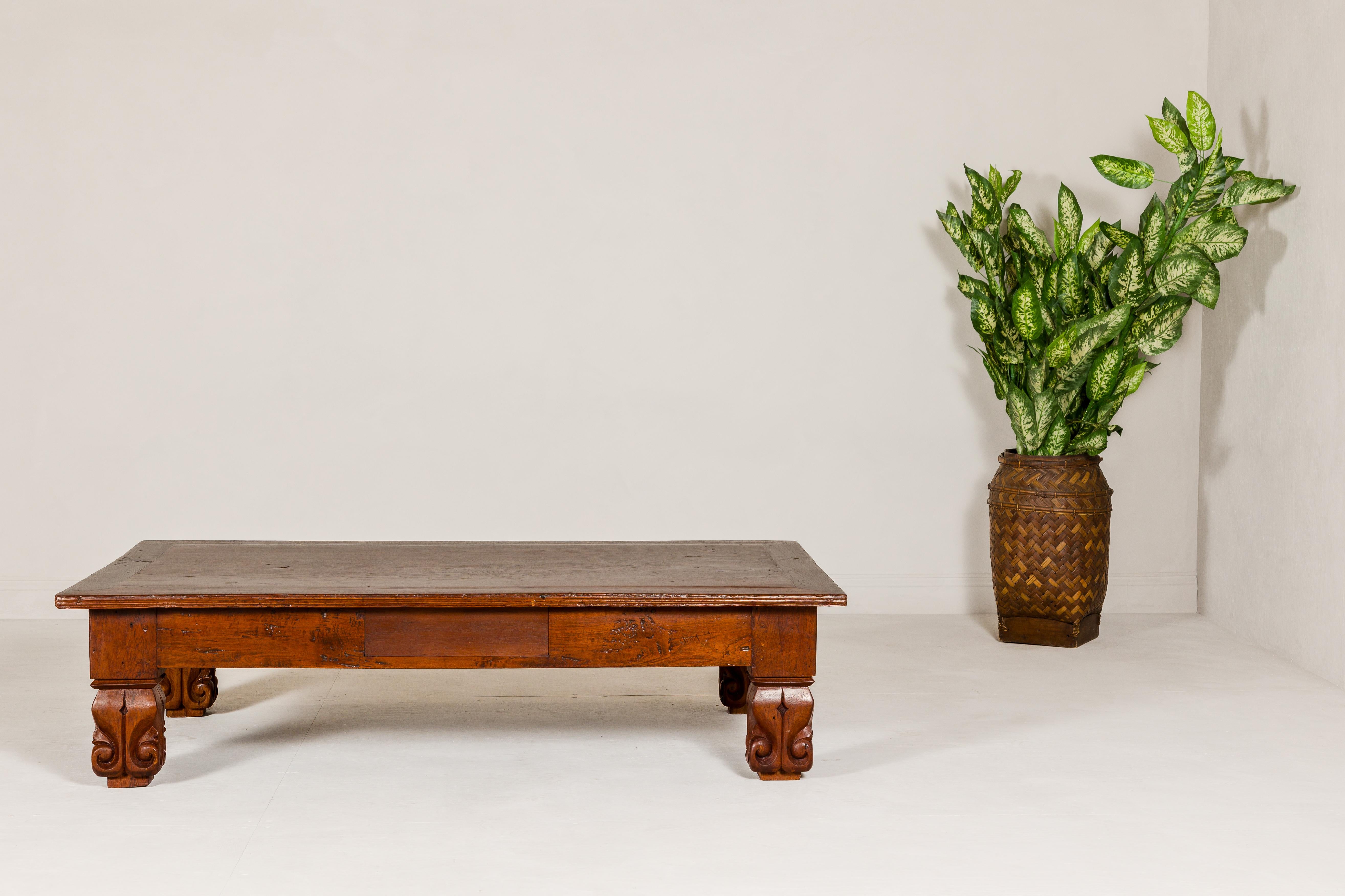 Indonesian 19th Century Teak Brown Wood Low Coffee Table with Scroll Carved Legs For Sale