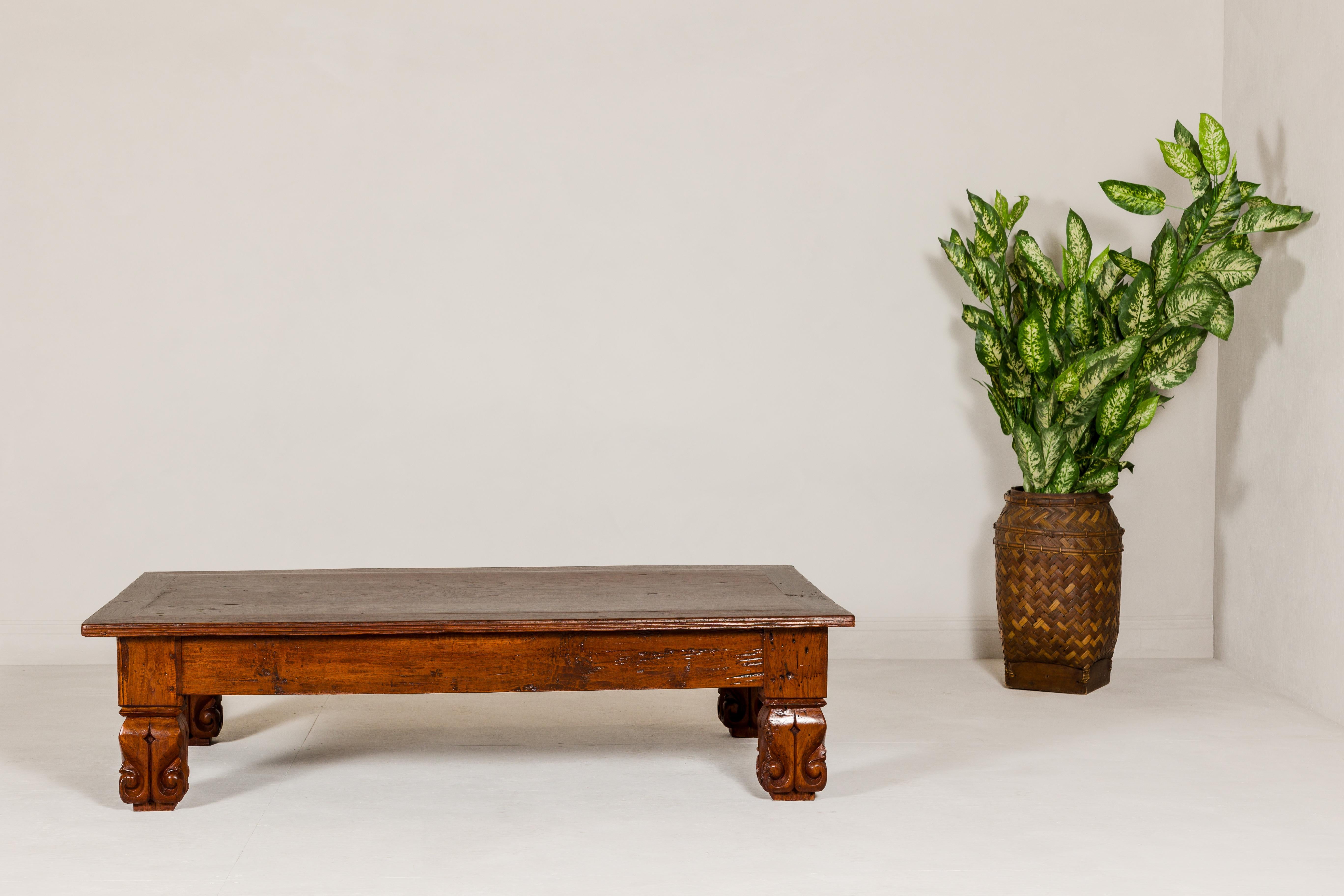 19th Century Teak Brown Wood Low Coffee Table with Scroll Carved Legs In Good Condition For Sale In Yonkers, NY