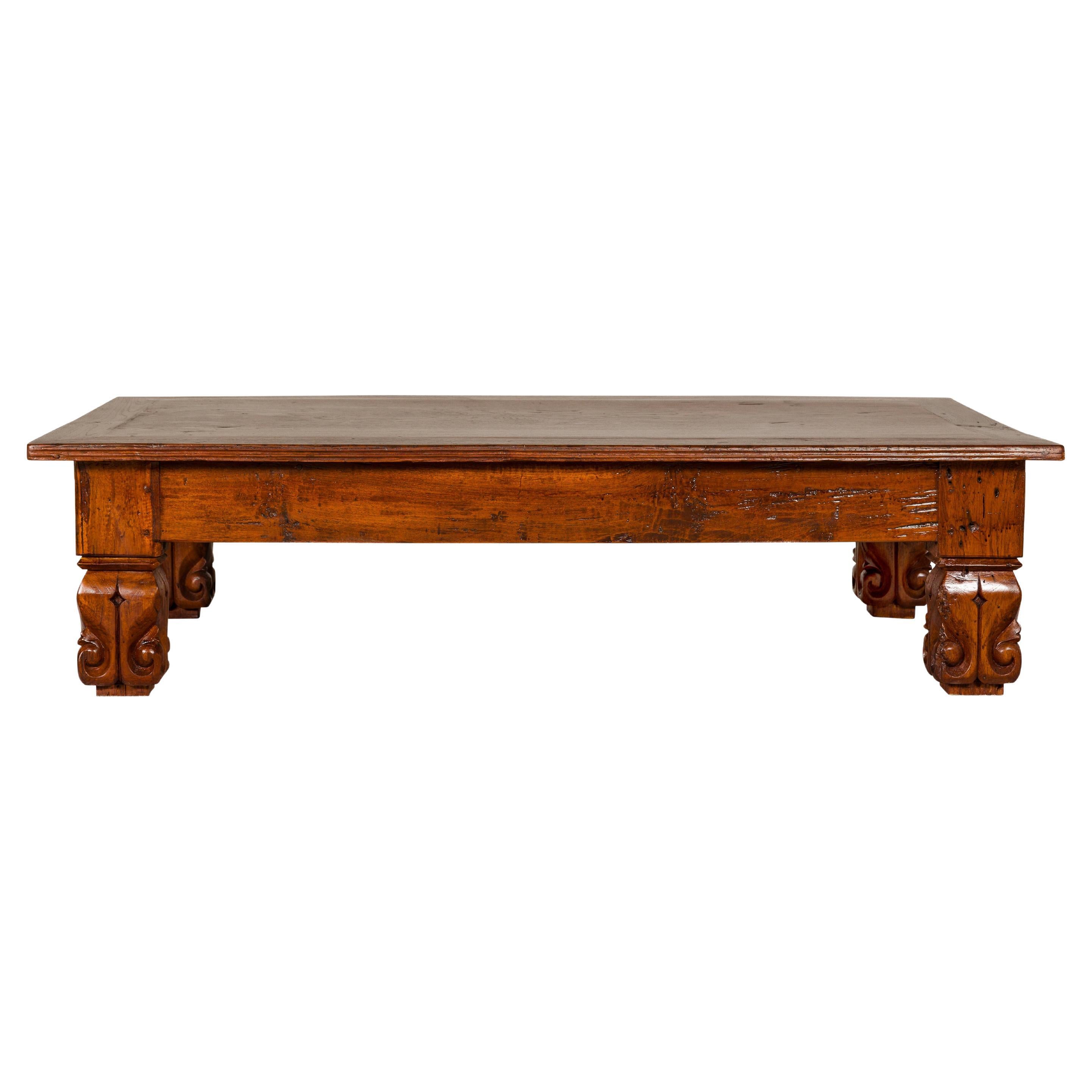 19th Century Teak Brown Wood Low Coffee Table with Scroll Carved Legs For Sale