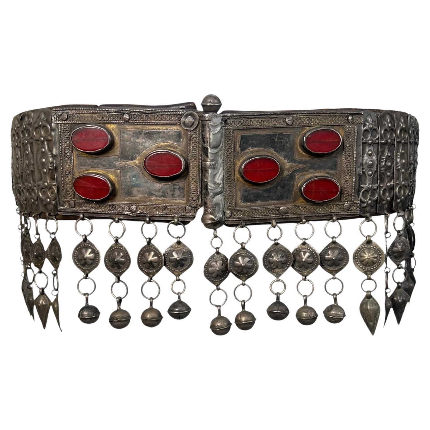 19th Century Teke Turkmen Silver and Carnelian Pendant Wedding Belt For Sale