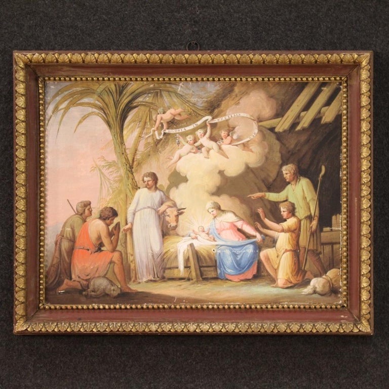 Antique Italian painting from 19th century. Framework tempera on paper, applied on canvas, depicting a religious subject Adoration of the shepherds of good pictorial quality. Frame in wood and plaster, not contemporary, pleasantly chiseled,