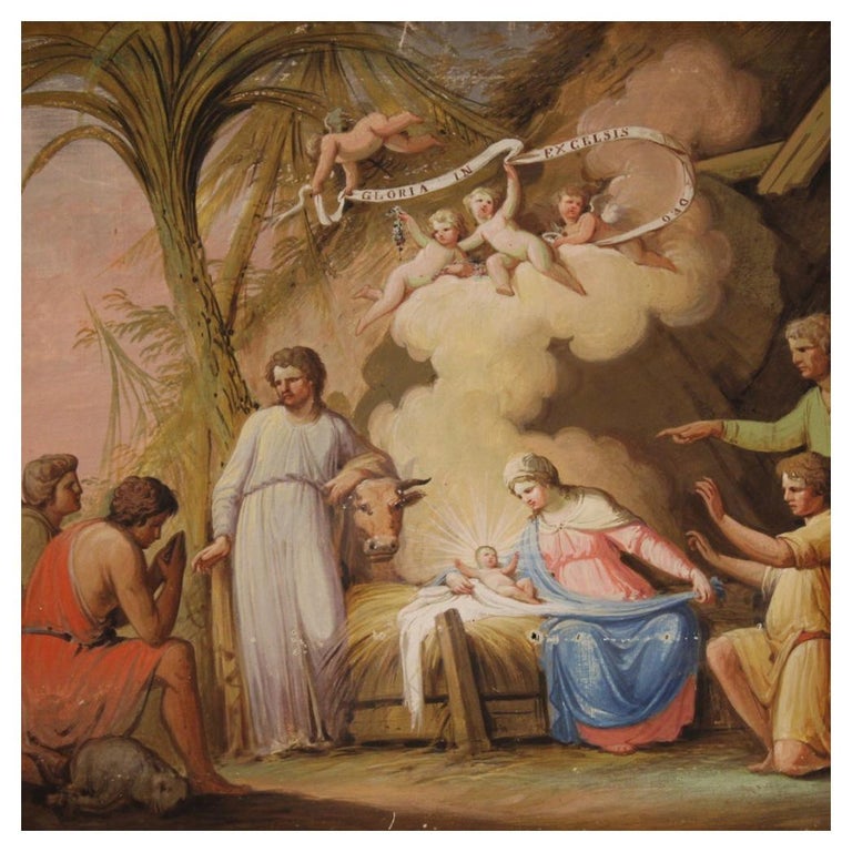 19th Century Tempera on Paper Italian Antique Religious Painting, 1850 For Sale