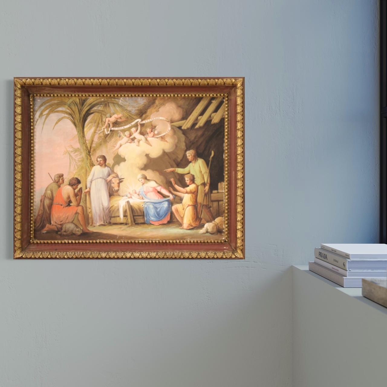 19th Century Tempera on Paper Italian Antique Religious Painting Adoration, 1850 For Sale 10