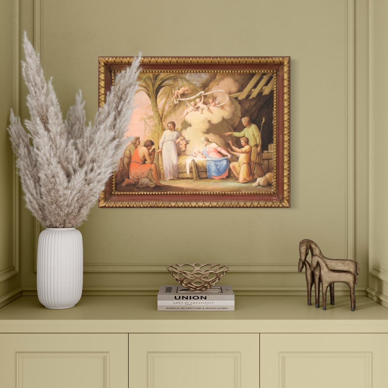 19th Century Tempera on Paper Italian Antique Religious Painting Adoration, 1850 For Sale 11