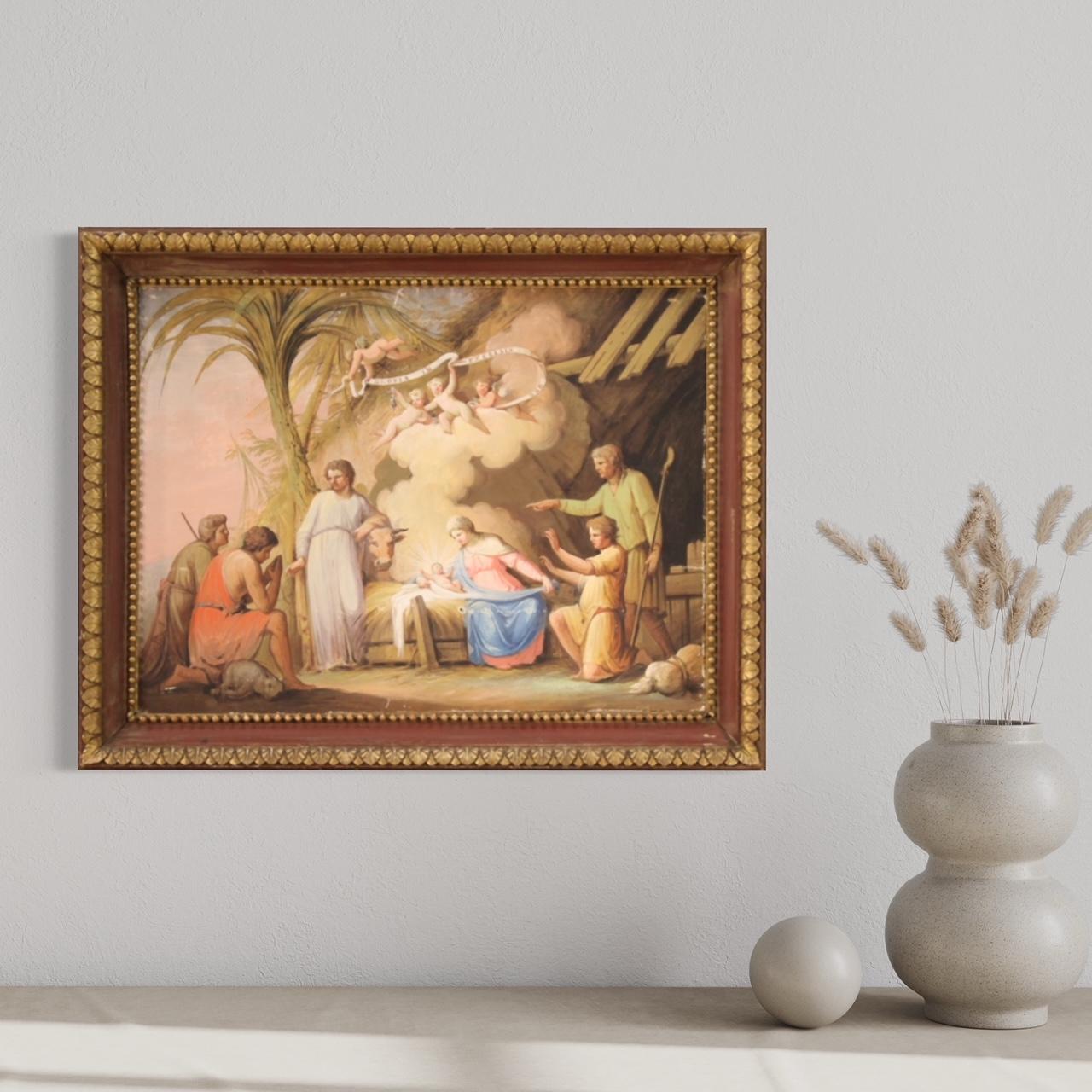 Antique Italian painting from 19th century. Framework tempera on paper, applied on canvas, depicting a religious subject Adoration of the shepherds of good pictorial quality. Frame in wood and plaster, not contemporary, pleasantly chiseled,