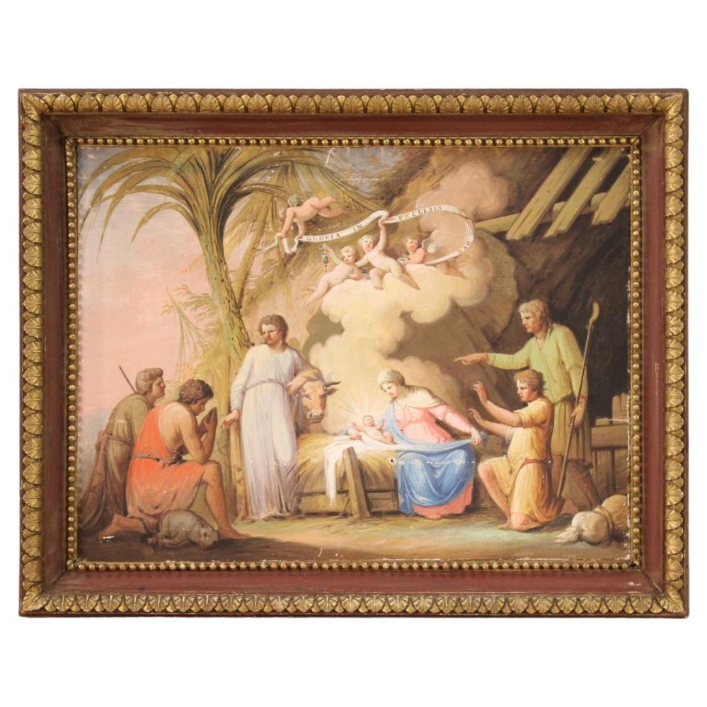 19th Century Tempera on Paper Italian Antique Religious Painting Adoration, 1850