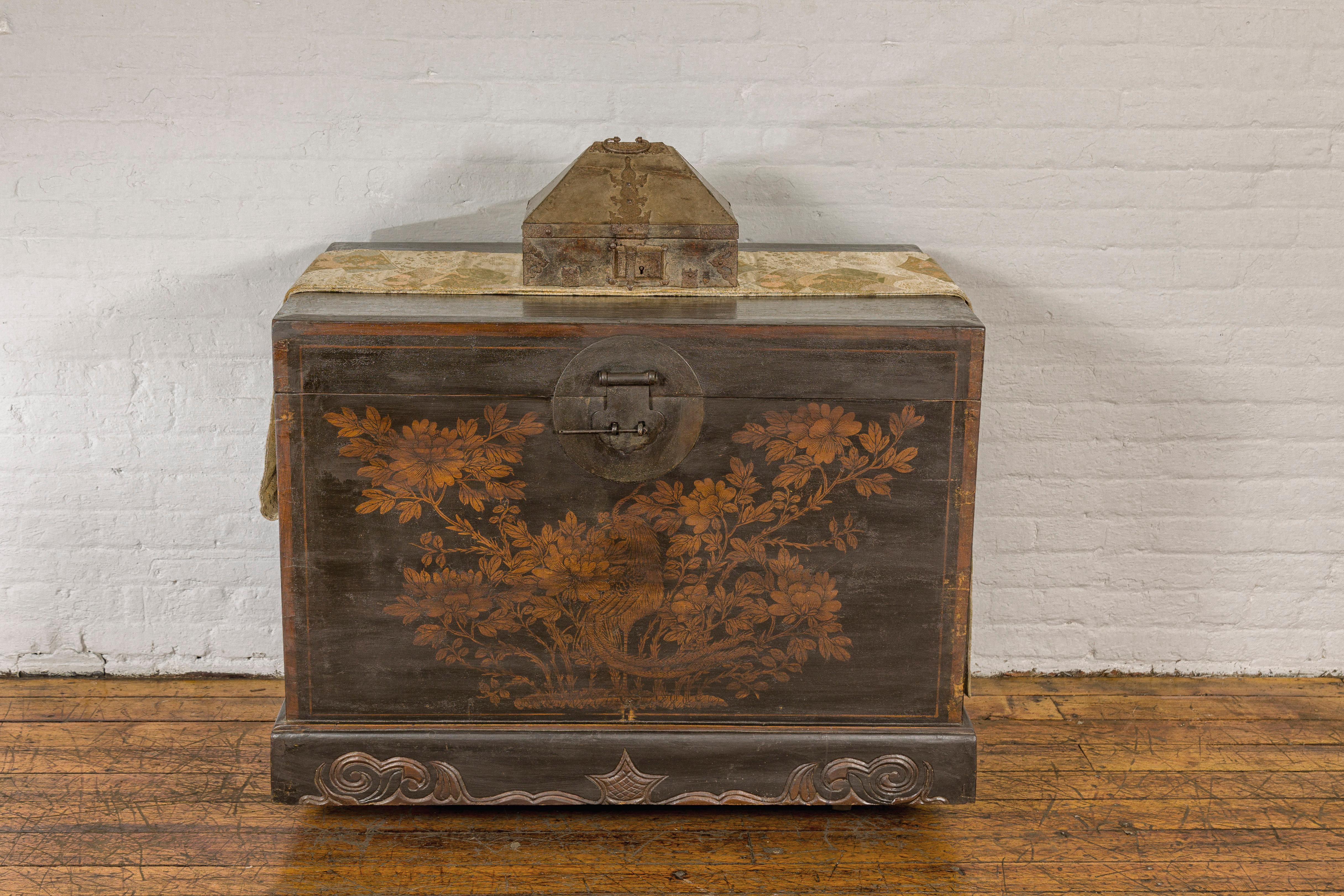 Indian 19th Century Temple Cash Box with Ornate Brass Accents from Kerala For Sale