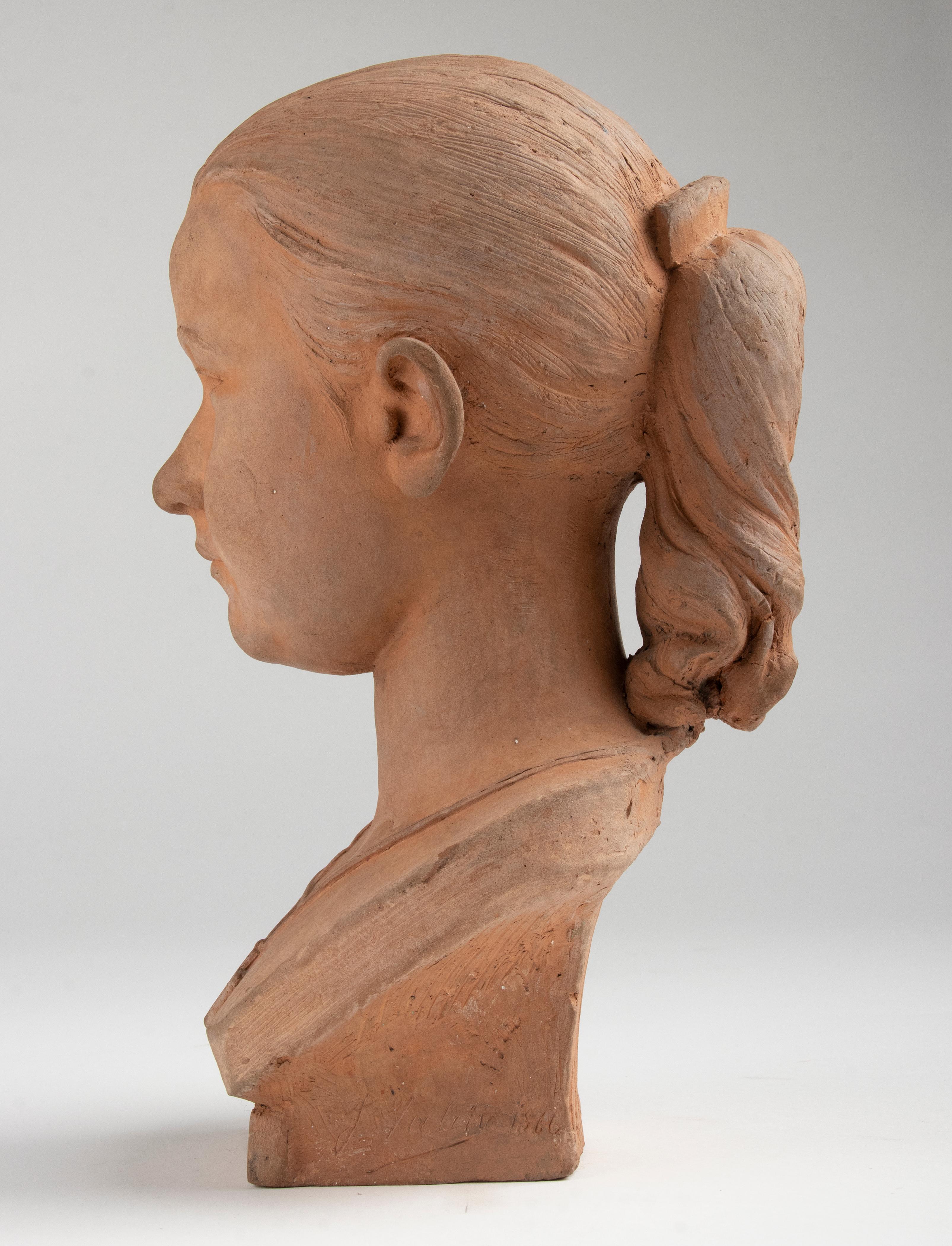 19th Century Terracotta Bust of a Young Girl Signed J. Valette and Dated 1866 For Sale 1