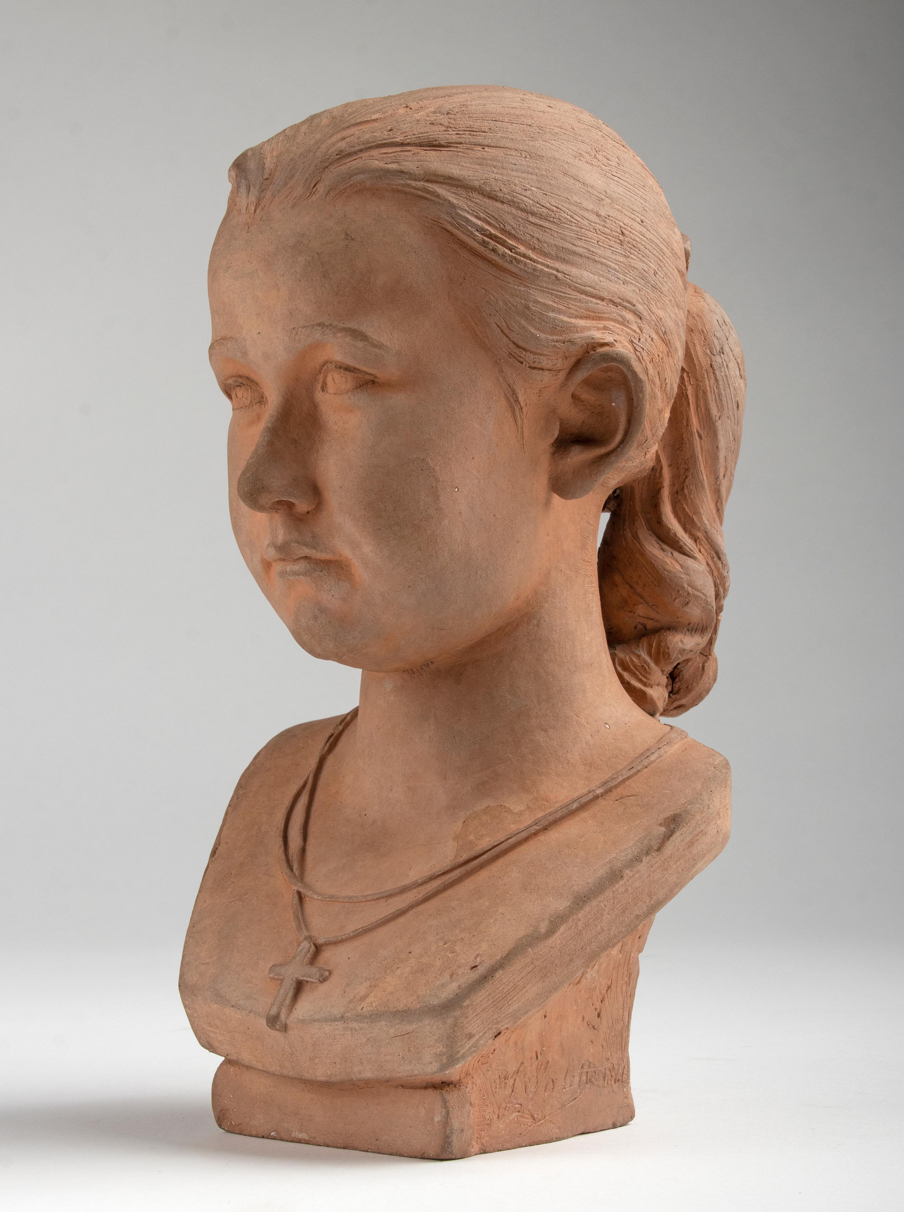 19th Century Terracotta Bust of a Young Girl Signed J. Valette and Dated 1866 For Sale 4