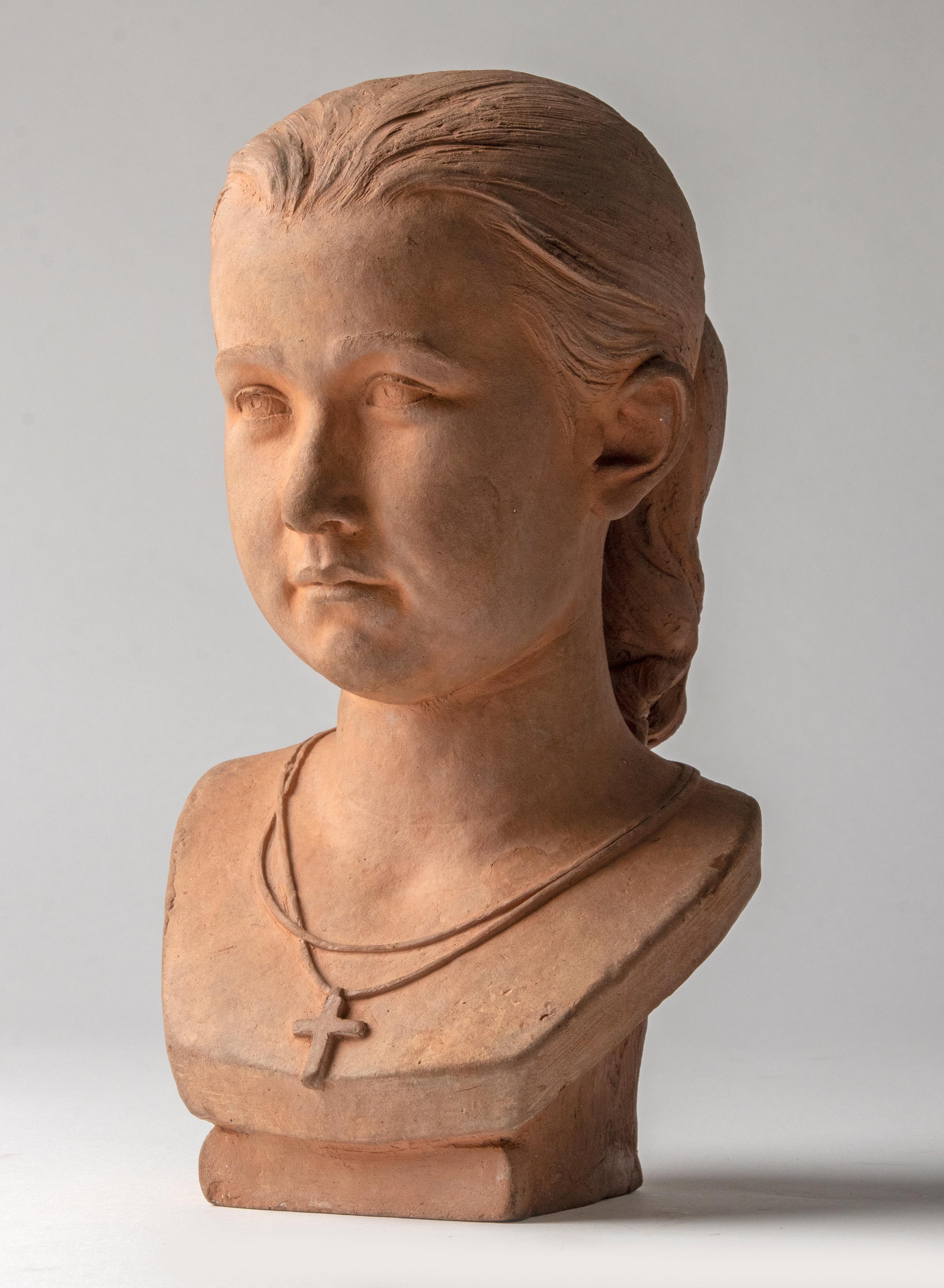 Neoclassical 19th Century Terracotta Bust of a Young Girl Signed J. Valette and Dated 1866 For Sale
