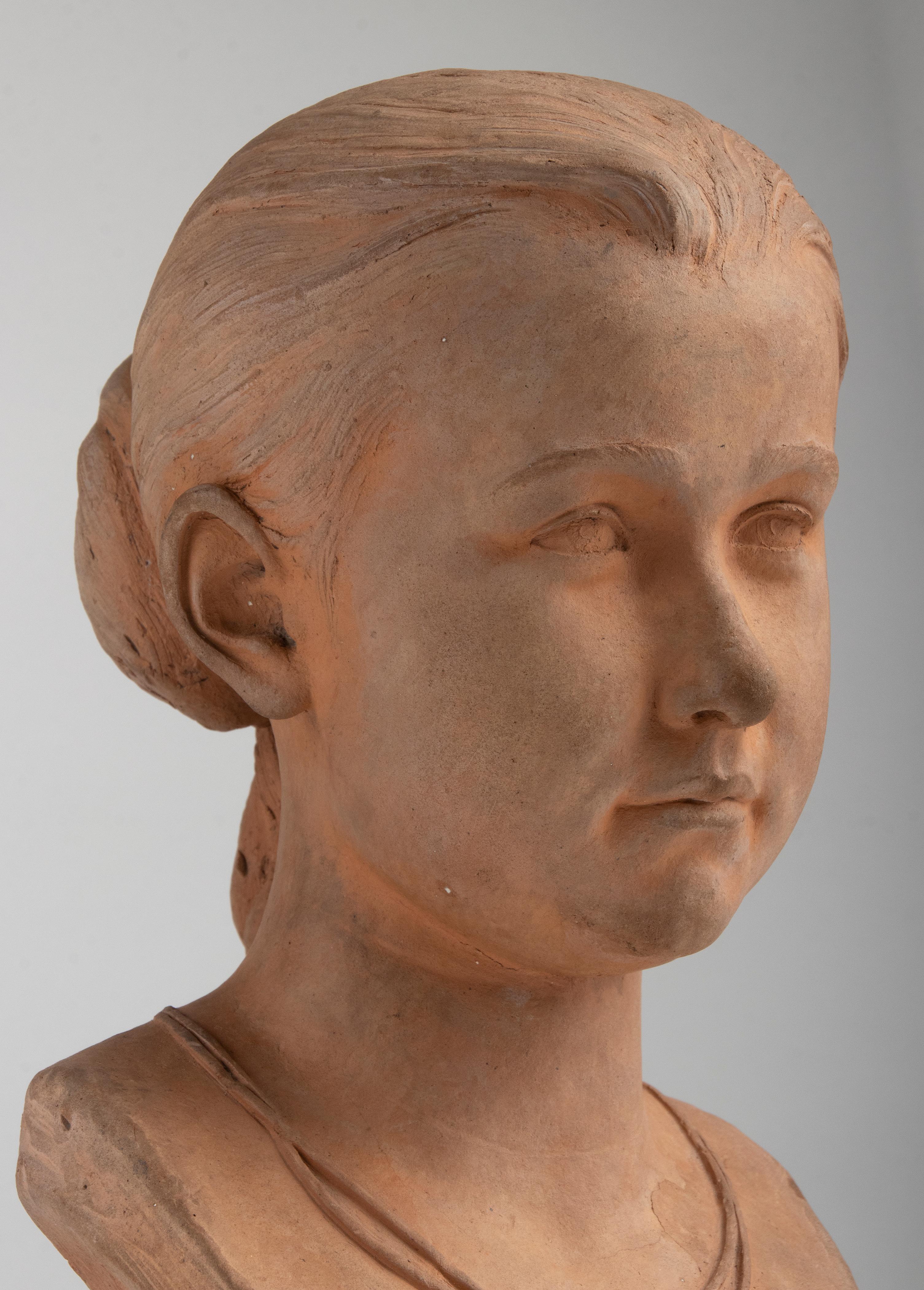 Hand-Crafted 19th Century Terracotta Bust of a Young Girl Signed J. Valette and Dated 1866 For Sale