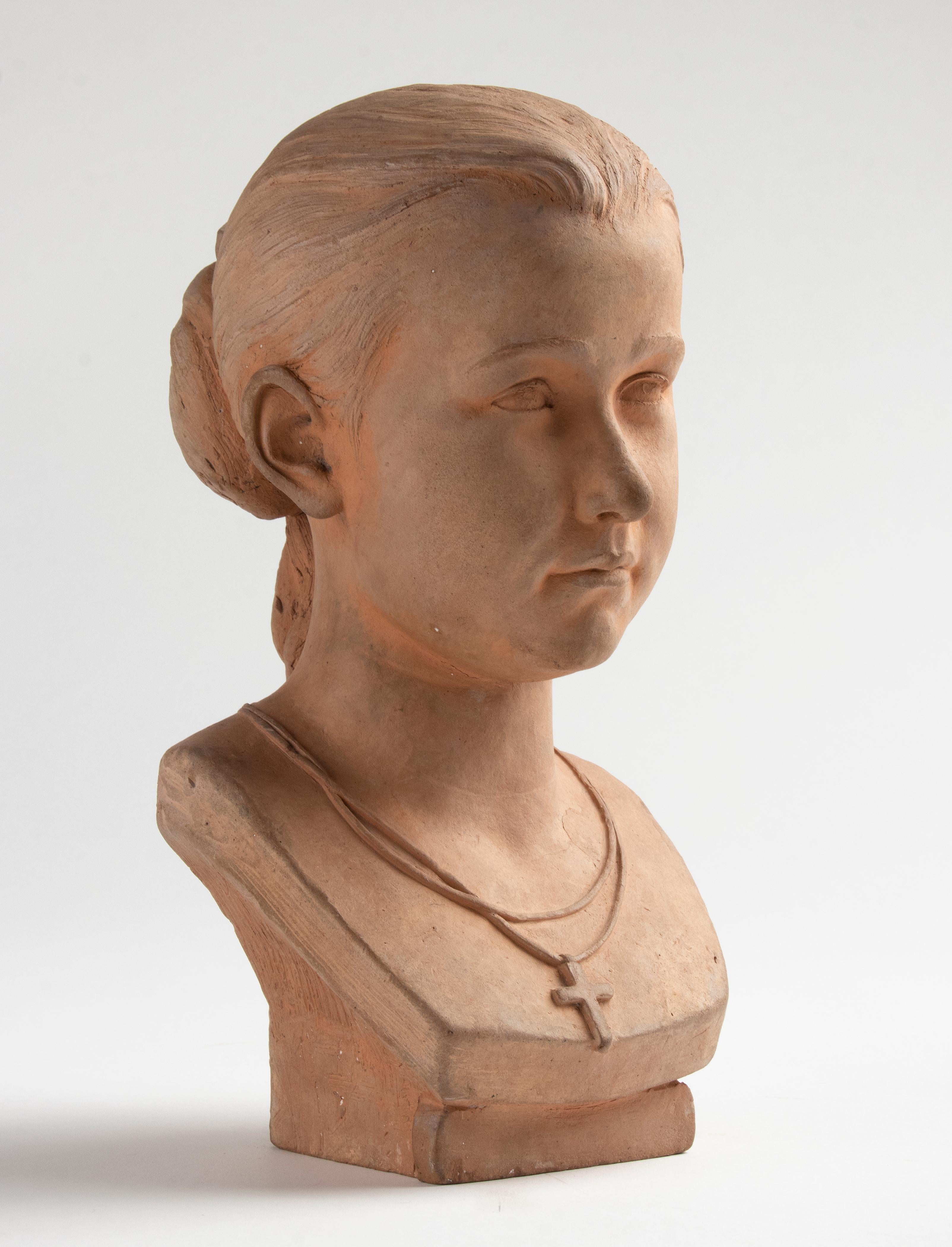 19th Century Terracotta Bust of a Young Girl Signed J. Valette and Dated 1866 In Good Condition For Sale In Casteren, Noord-Brabant