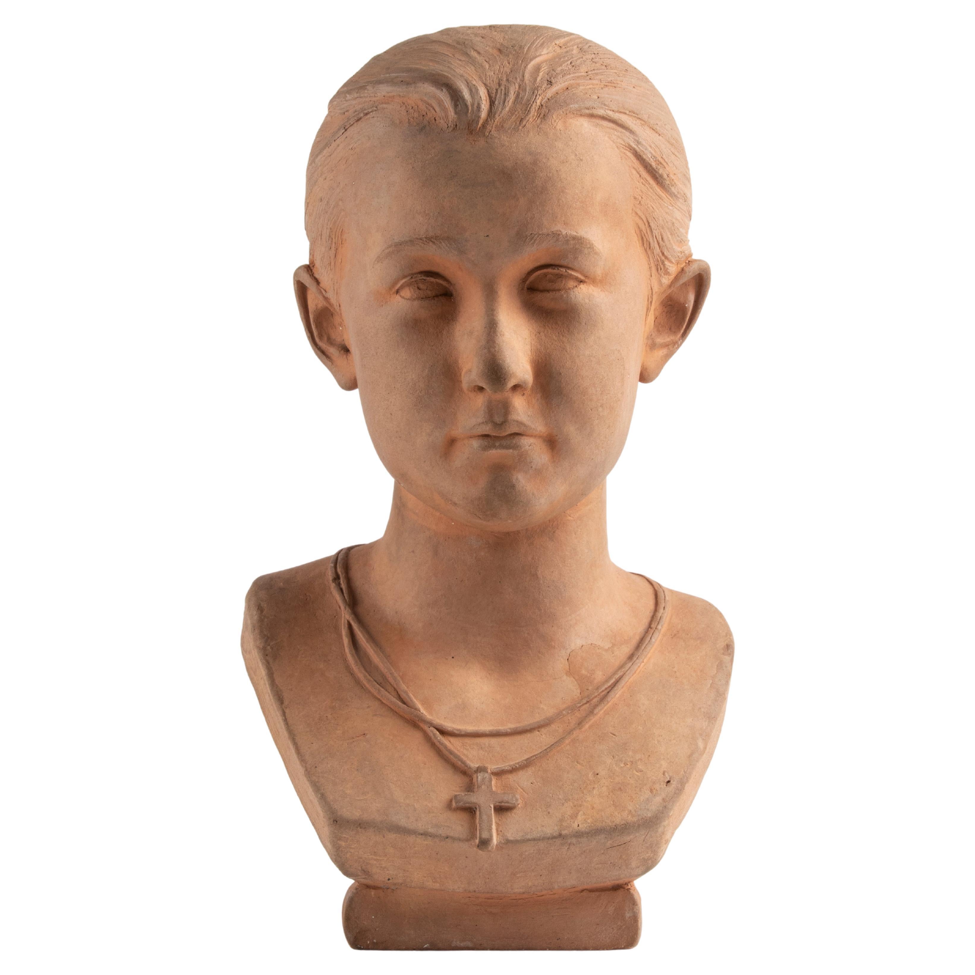 19th Century Terracotta Bust of a Young Girl Signed J. Valette and Dated 1866