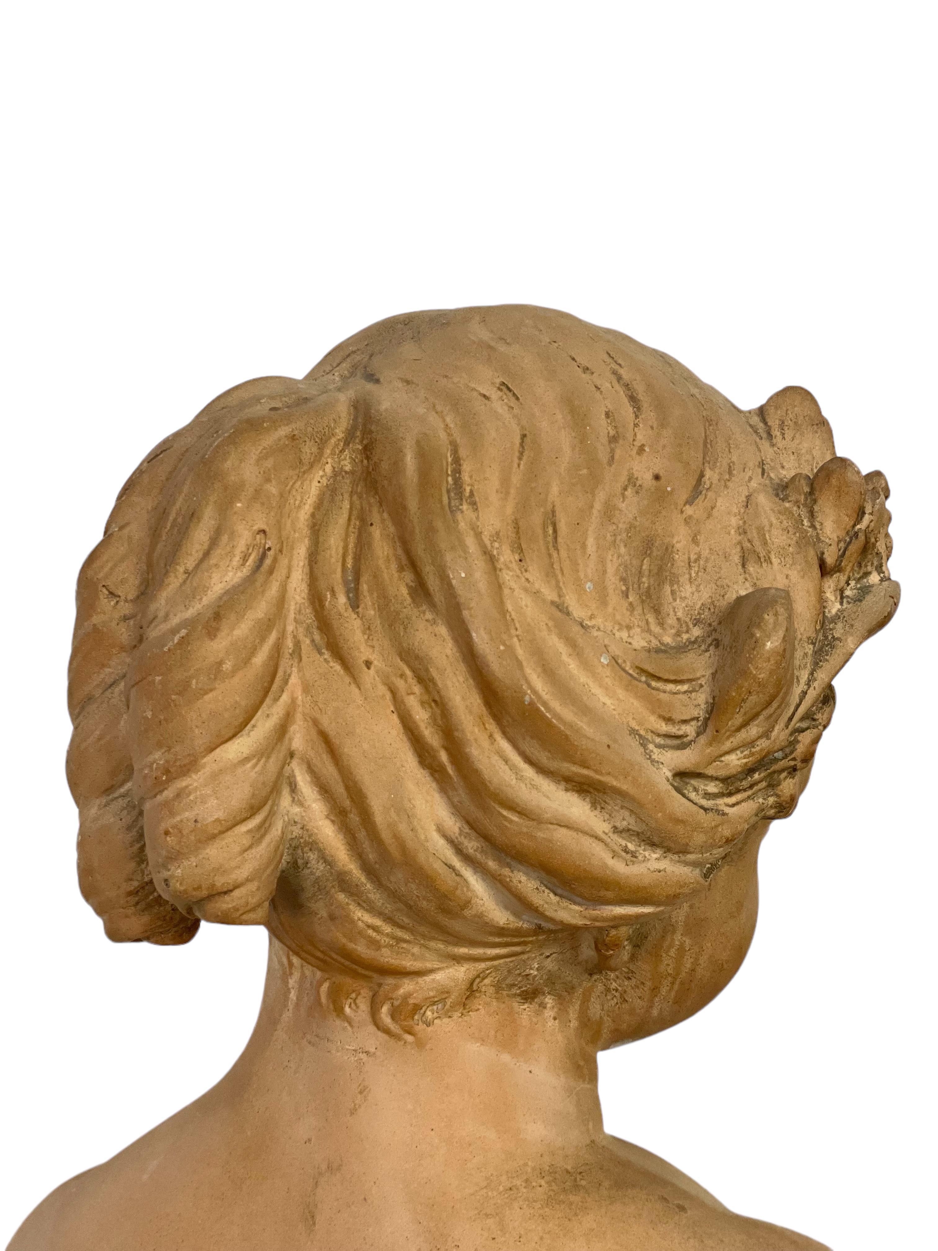 French 19th Century Terracotta Bust of Young Maiden in a Romantic Style For Sale