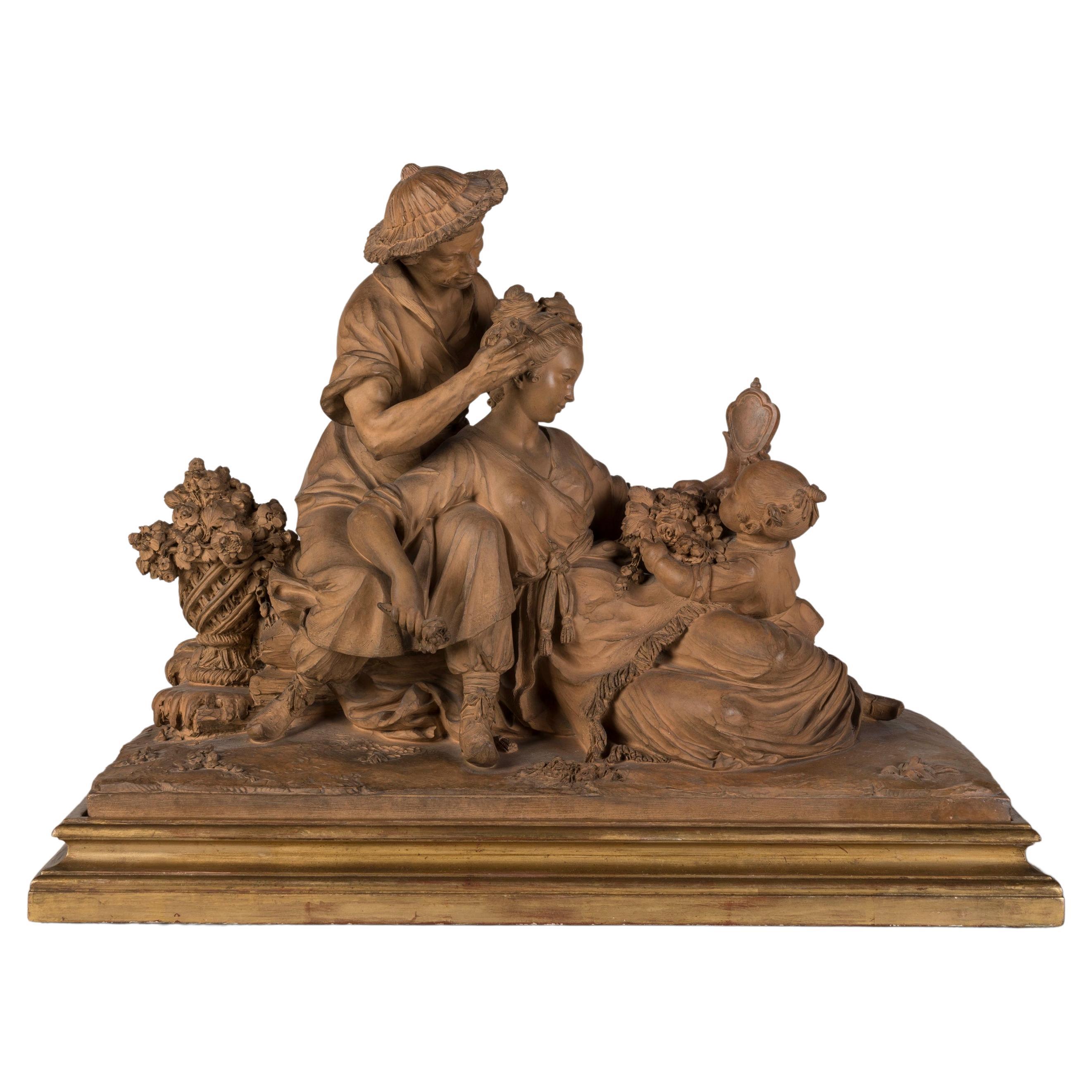 19th century Terracotta Chinoiserie Sculptural Group after François Boucher