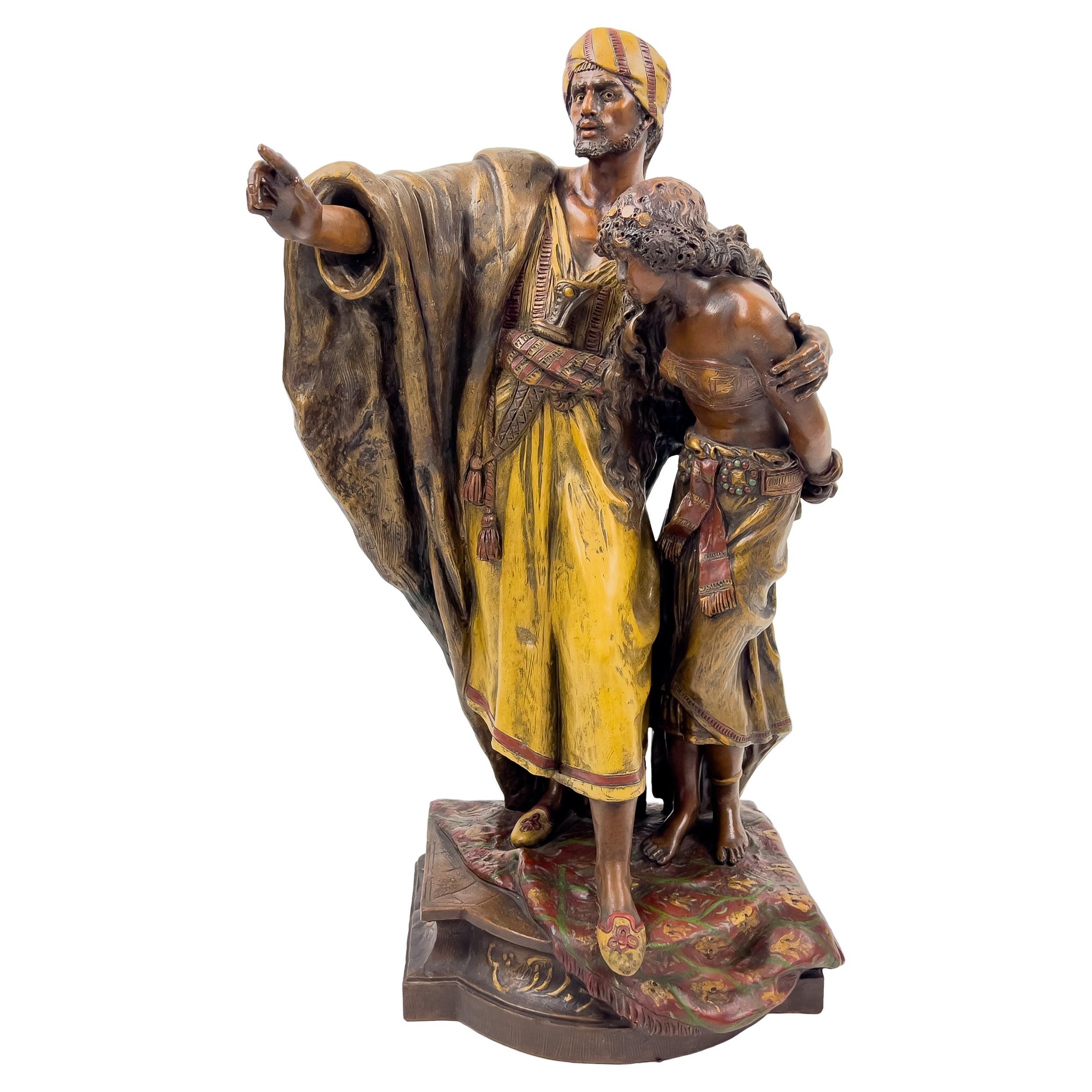 Terrakotta-Figur einer orientalischen Dame und eines arabischen Mannes aus dem 19. Jahrhundert, signiert H. Morea