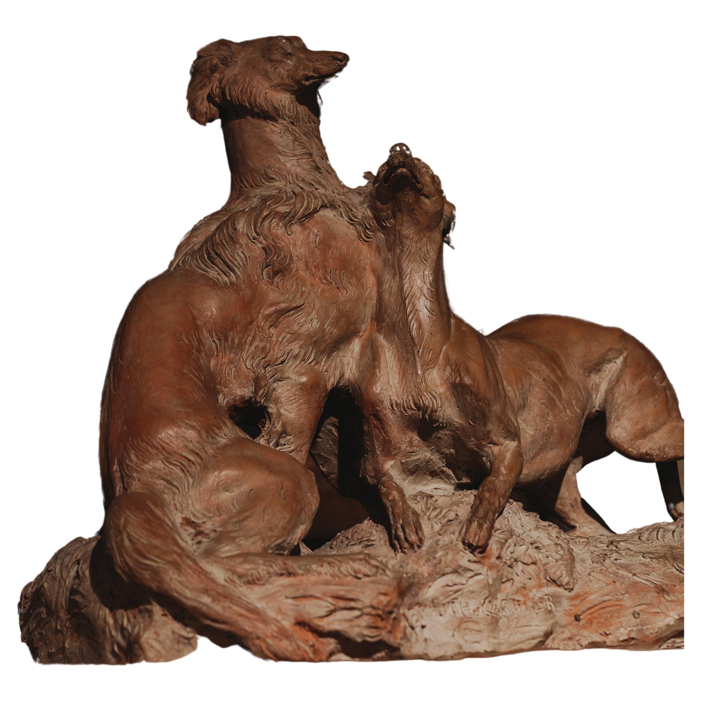 Sculpture de couple de lévriers en terre cuite du 19e siècle en vente