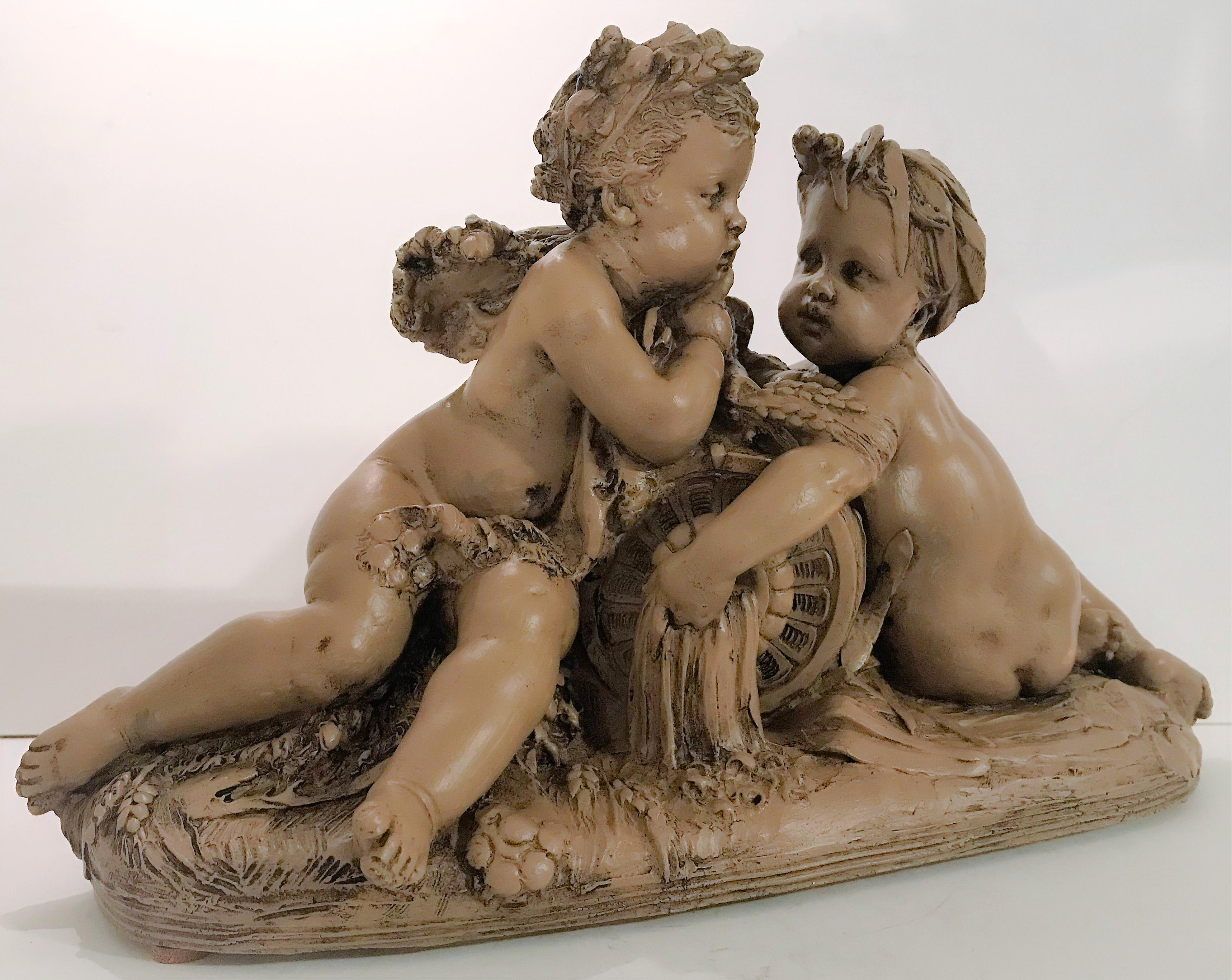 This 19th century terracotta sculpture of two putti is by Albert - Ernest Carrier - Belleuse (1824 - 1887). The sculpture is known as the, “Allegorie de la Terre et l’Eau “(Allegory of Earth and Water). The terracotta is signed 