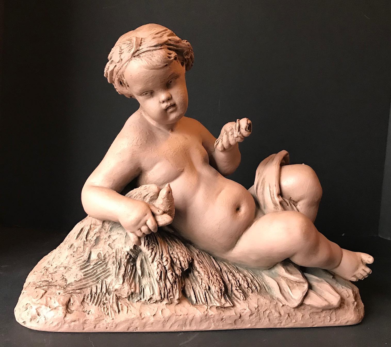 Baroque 19th Century Terracotta Putto Sculpture, Albert-Ernest Carrier-Belleuse, France For Sale