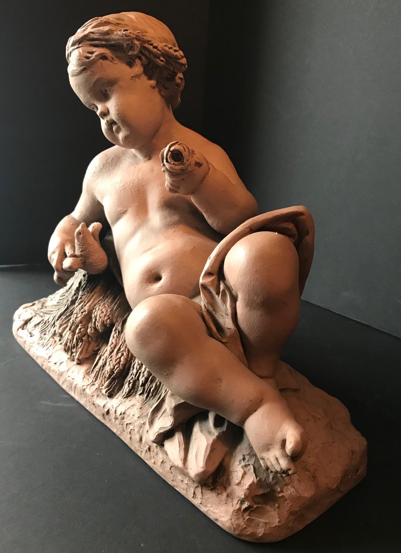 French 19th Century Terracotta Putto Sculpture, Albert-Ernest Carrier-Belleuse, France For Sale