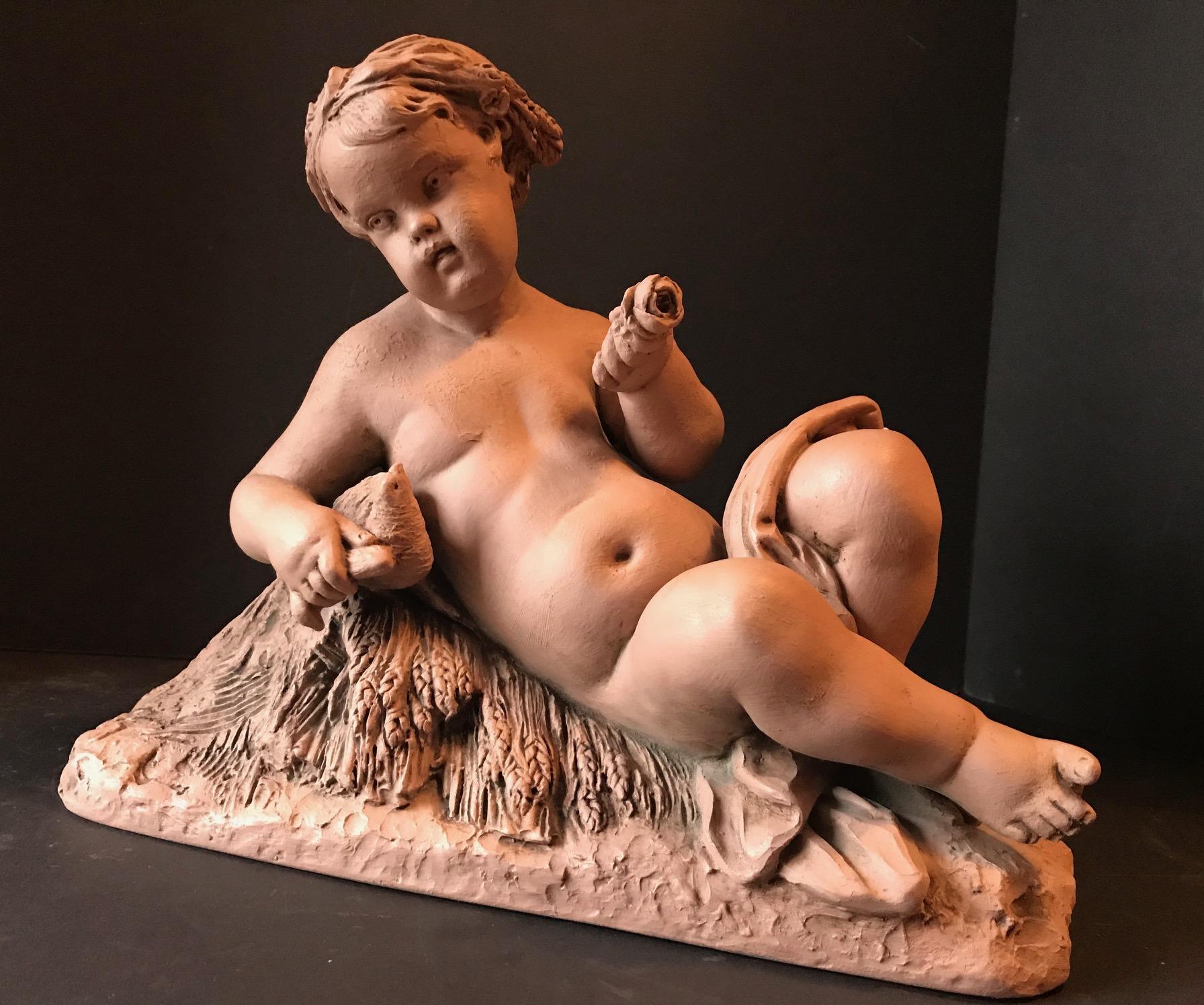 19th Century Terracotta Putto Sculpture, Albert-Ernest Carrier-Belleuse, France In Good Condition For Sale In Vero Beach, FL