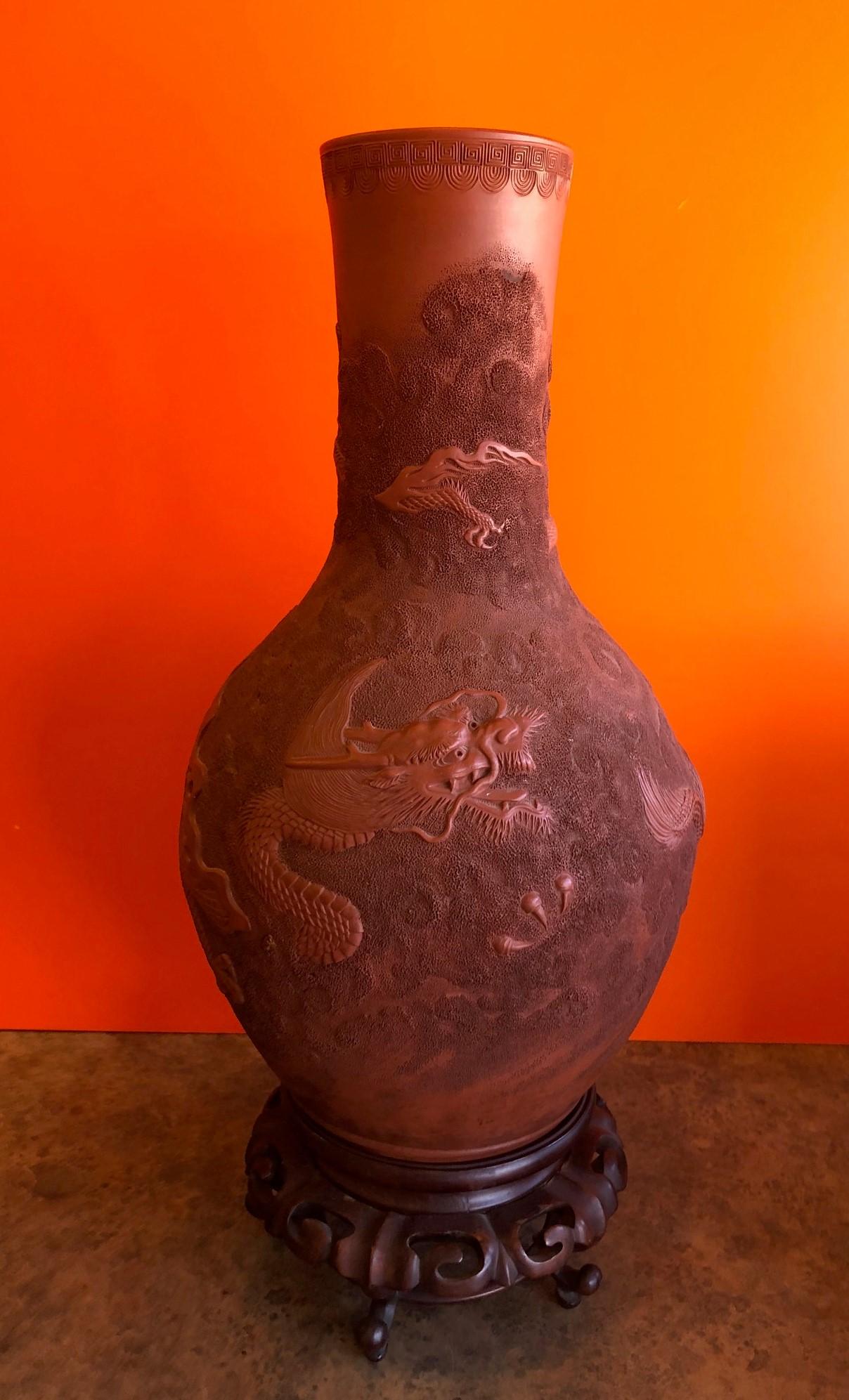 19th Century Terracotta Red Clay Chinese Dragon Vase with Stand at 1stDibs