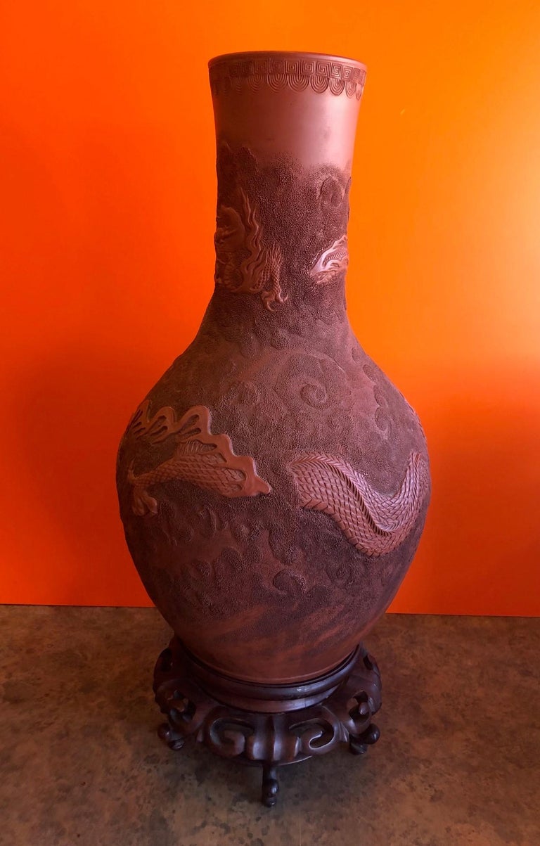 19th Century Terracotta Red Clay Chinese Dragon Vase with Stand at