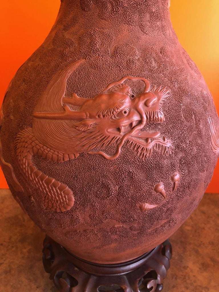 19th Century Terracotta Red Clay Chinese Dragon Vase with Stand at