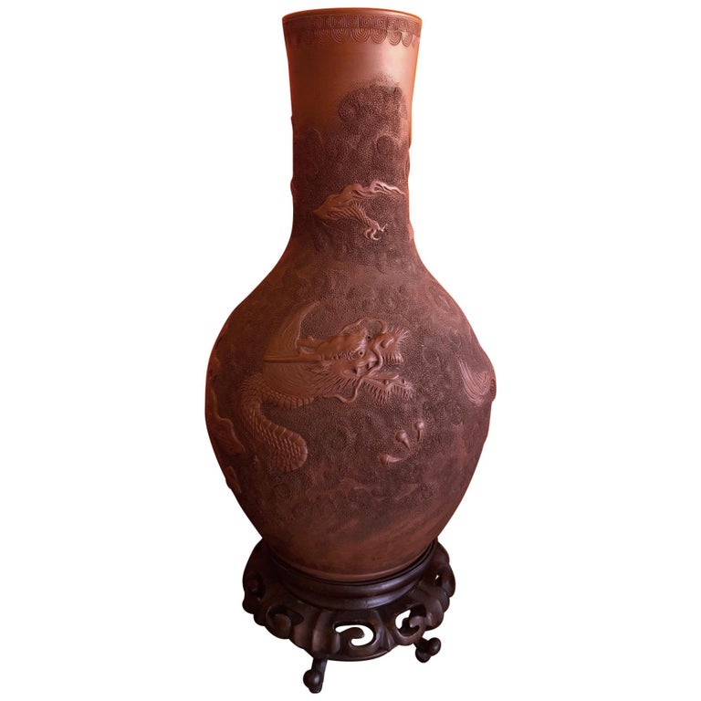 19th Century Terracotta Red Clay Chinese Dragon Vase with Stand at