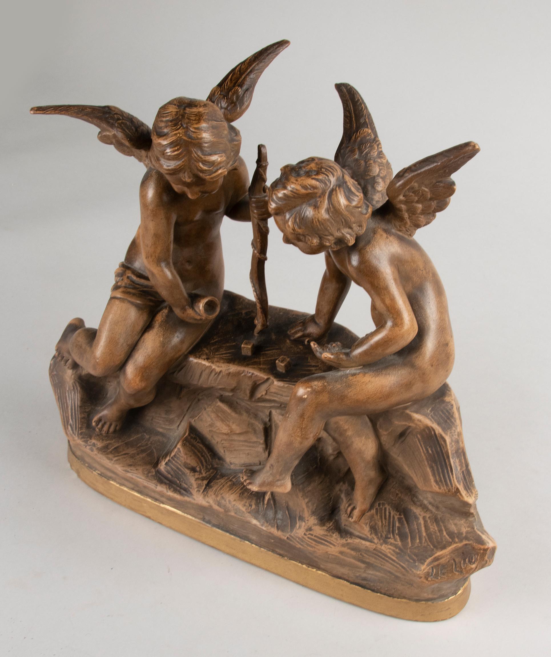 19th Century Terracotta Statue by LE LIO Putti Playing Dice 2