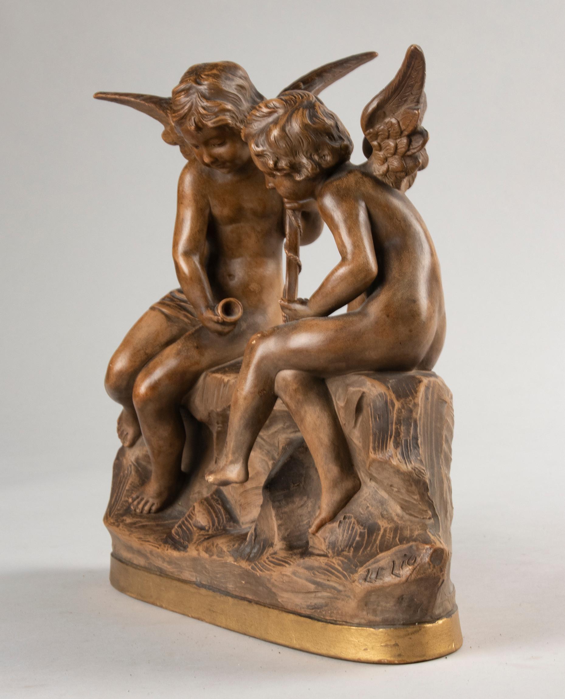 19th Century Terracotta Statue by LE LIO Putti Playing Dice 4