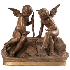 19th Century Terracotta Statue by LE LIO Putti Playing Dice