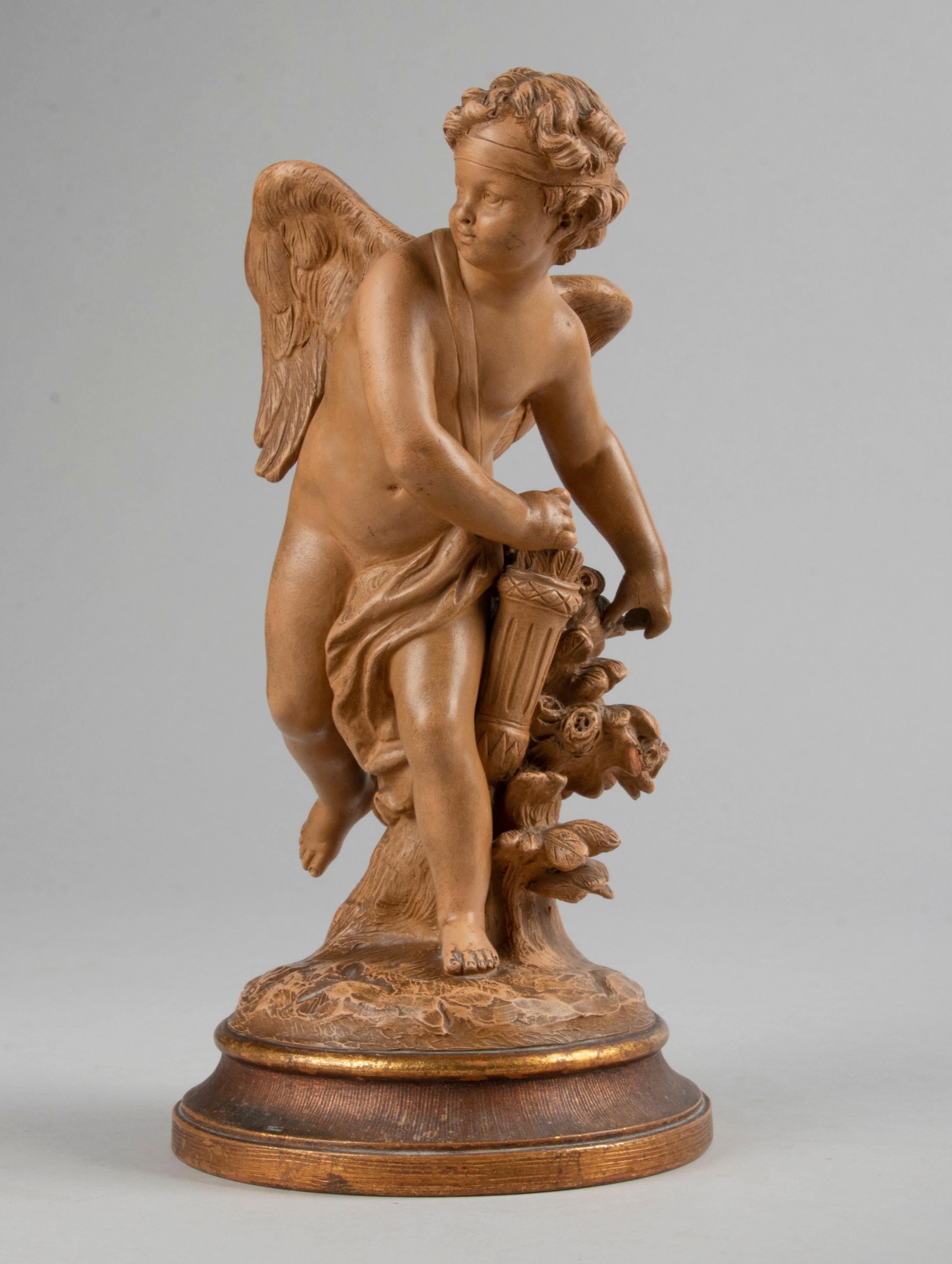 Classical Roman 19th Century Terracotta Statue 'Cupido Taking an Arrow' After Etienne Falconet For Sale