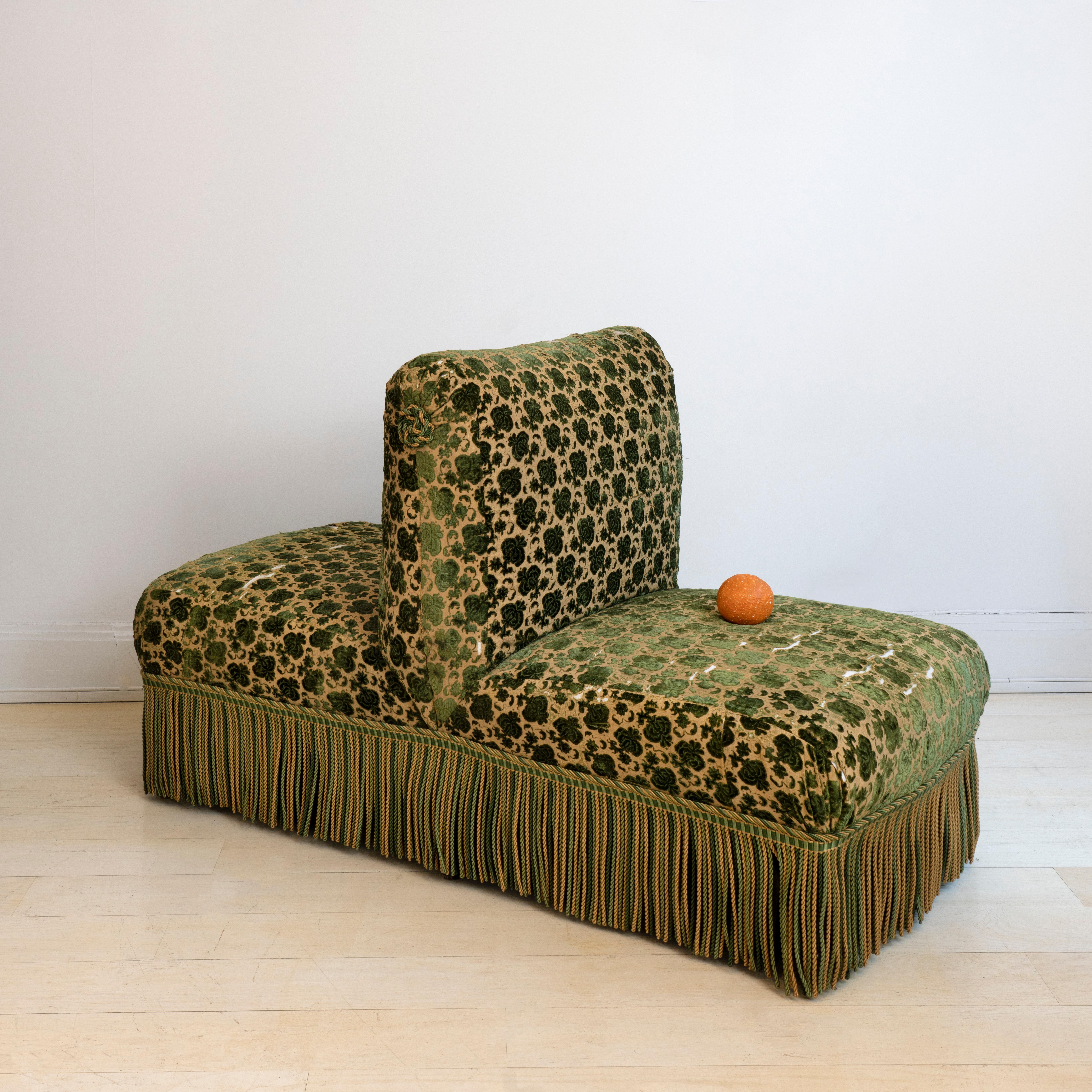 19th century Tete a Tete. Upholstered in original green ottoman silk cut velvet.